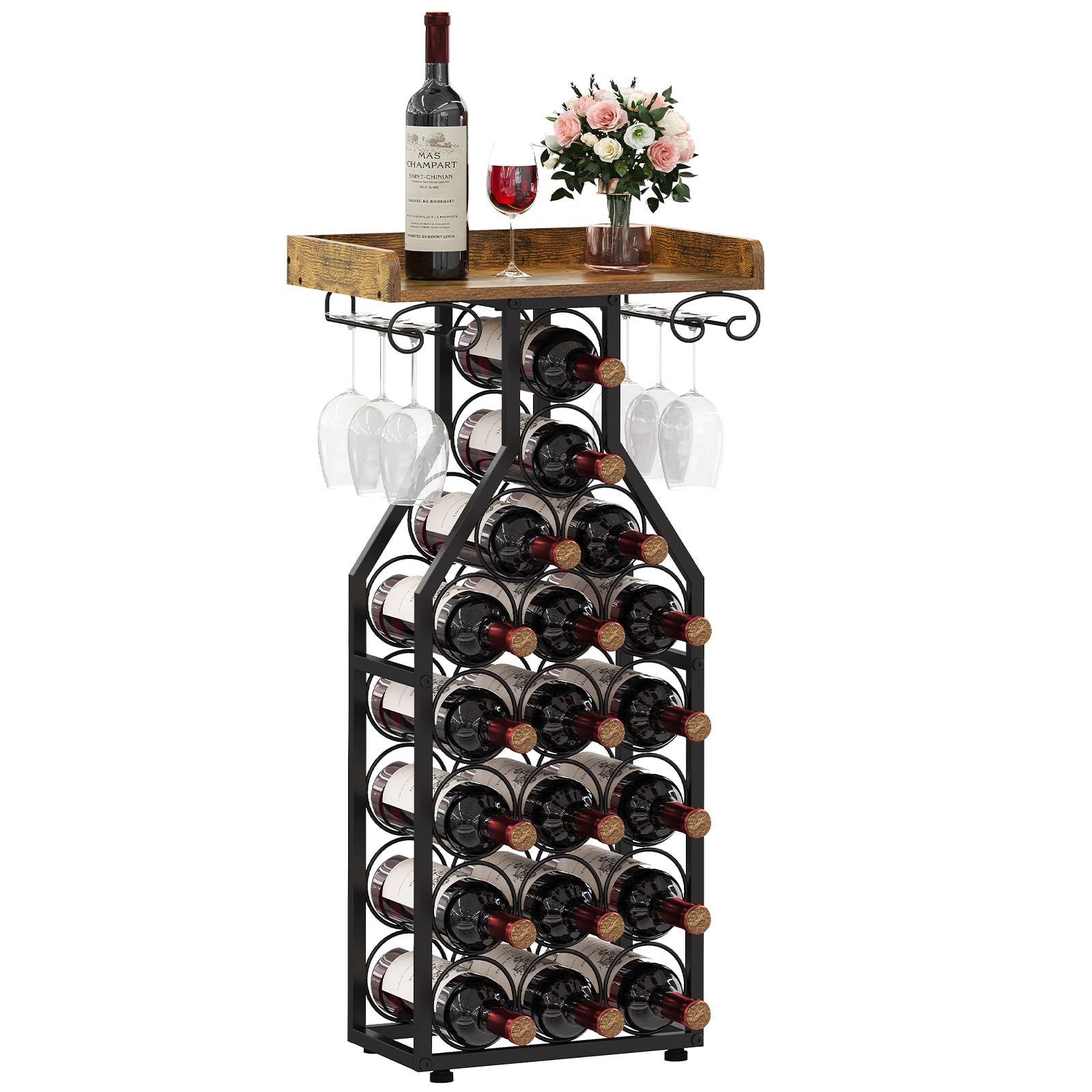 Wine Rack Freestanding Floor Storage with Glass Holder