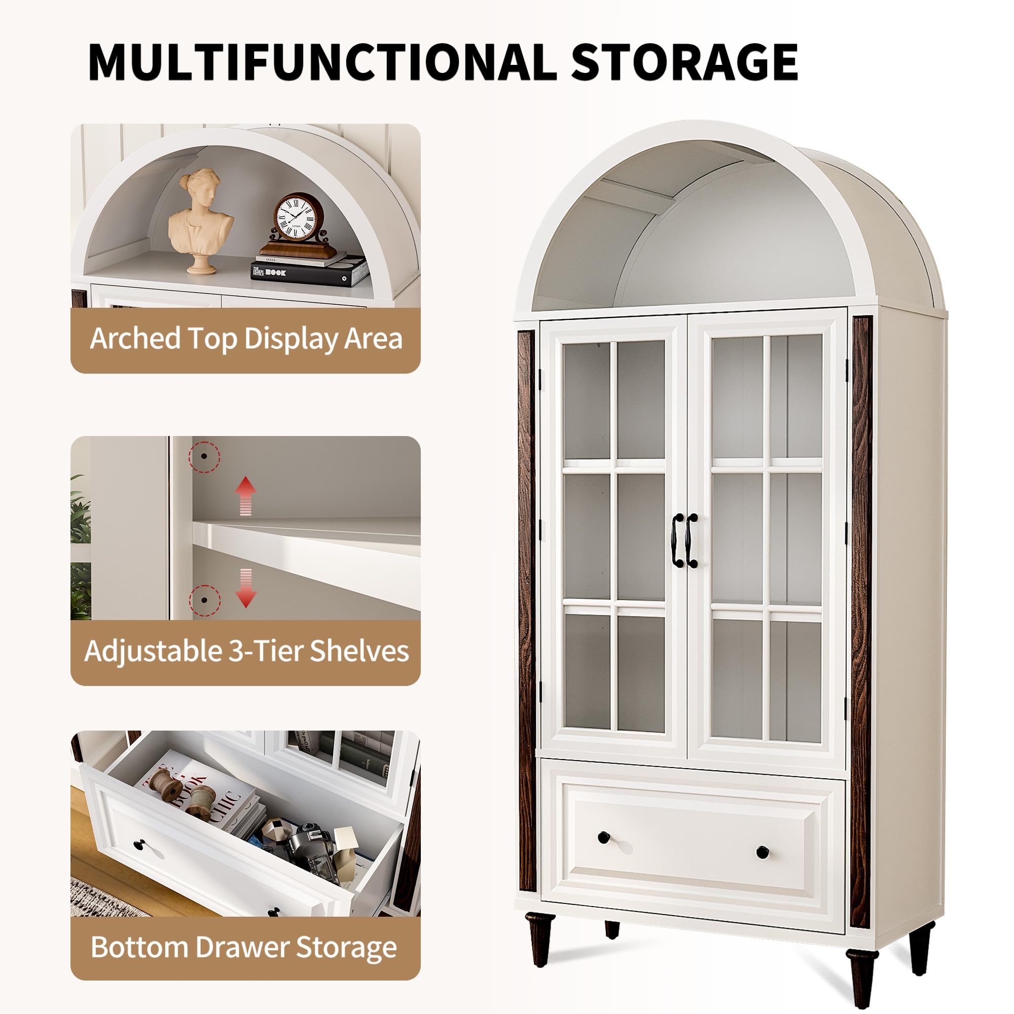 HOLCEPZN 71” Handcrafted Arched Bookcase, Filing Cabinet for Home Office, Wooden Display Cabinet with Glass Doors and Adjustable Shelves for Living Room, Dining Area, and Office, White