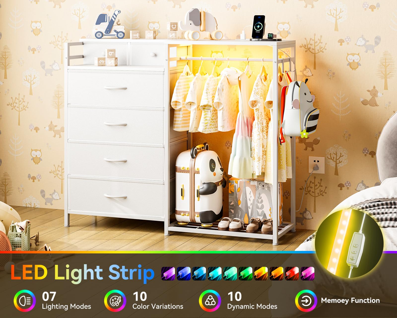 White Dresser with LED Lights and Charging Station