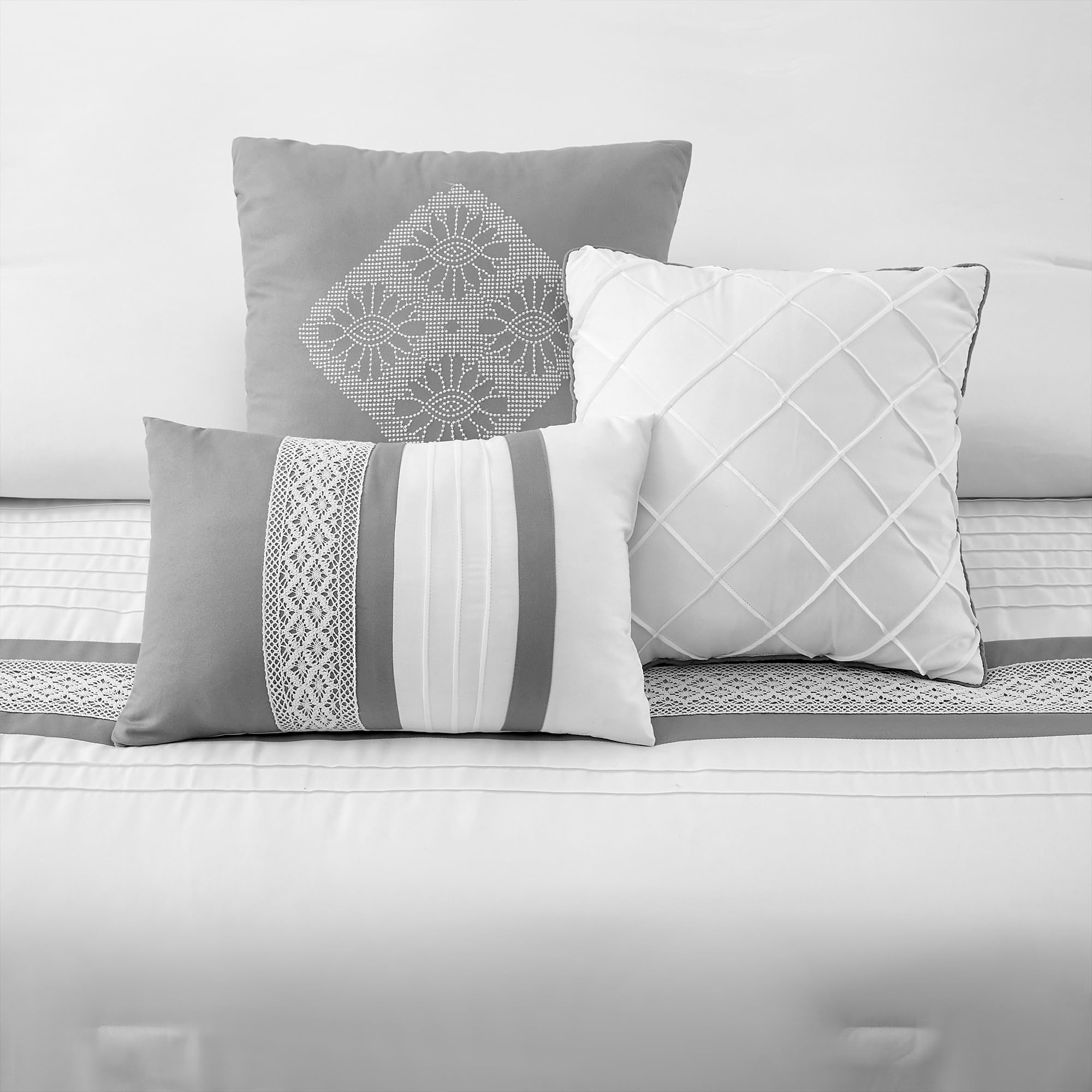 7 Piece Boho Comforter Set Queen Grey White Geometric Embroidery