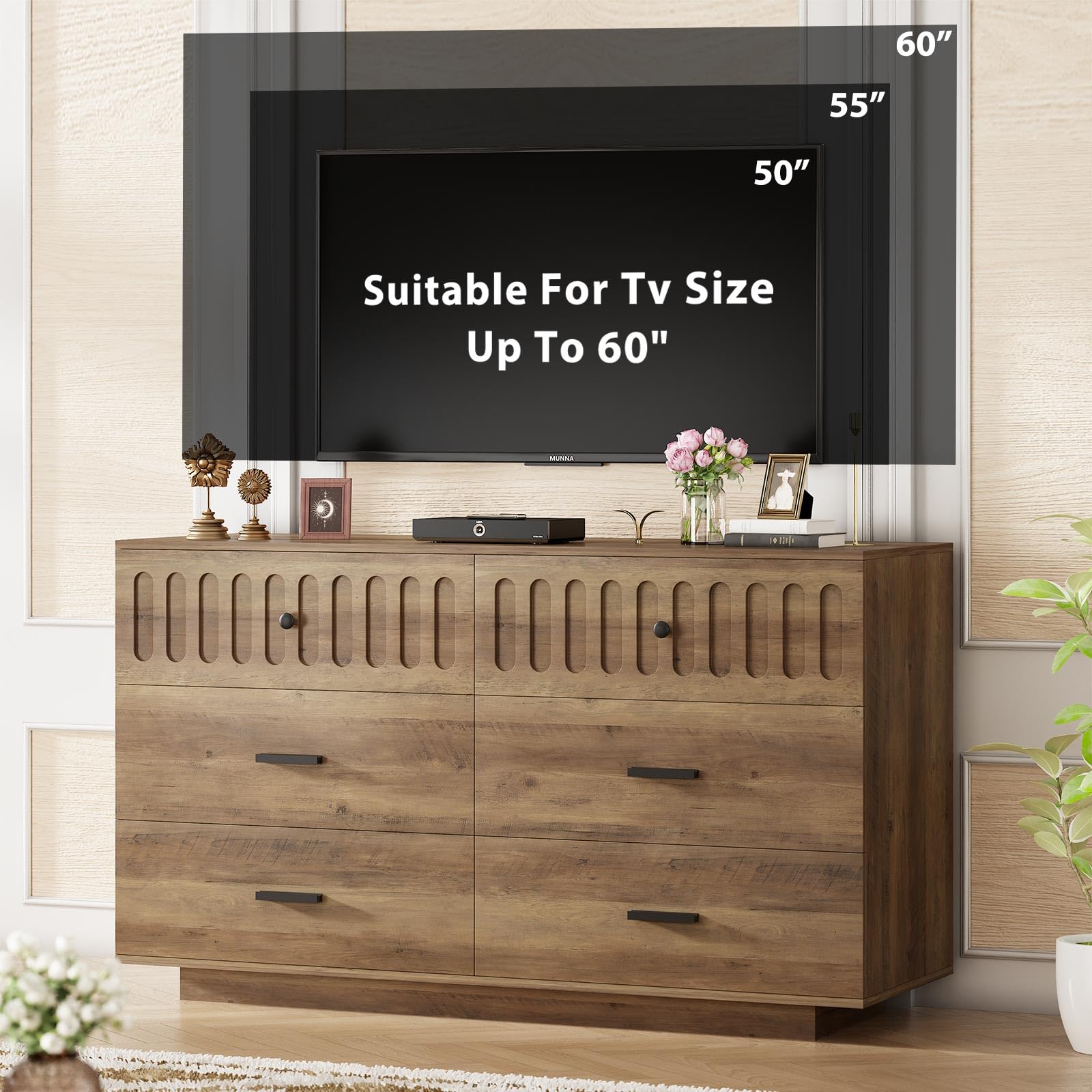 Farmhouse 6 Drawer Dresser with Fluted Design