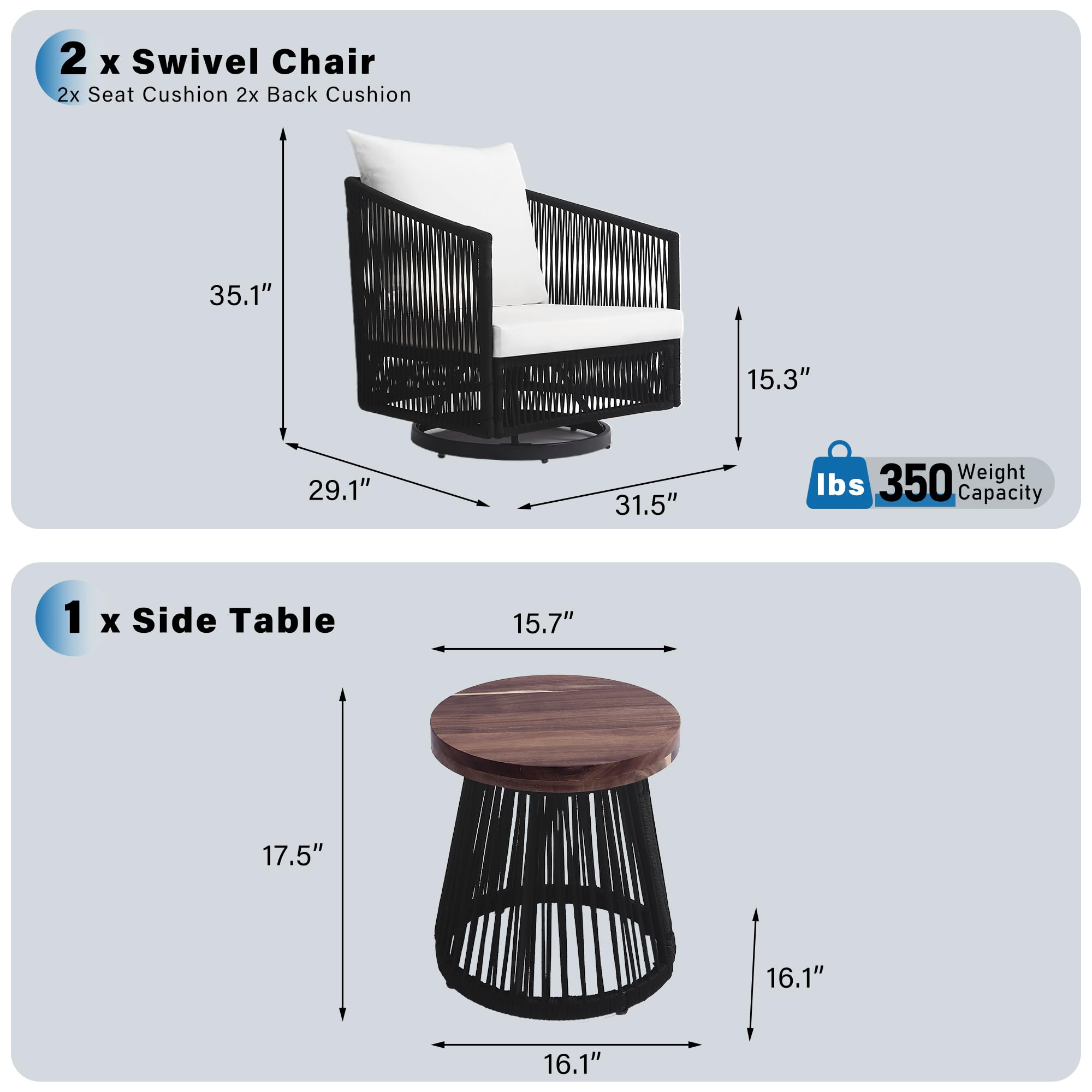 3-Piece Patio Swivel Bistro Set with Coffee Table