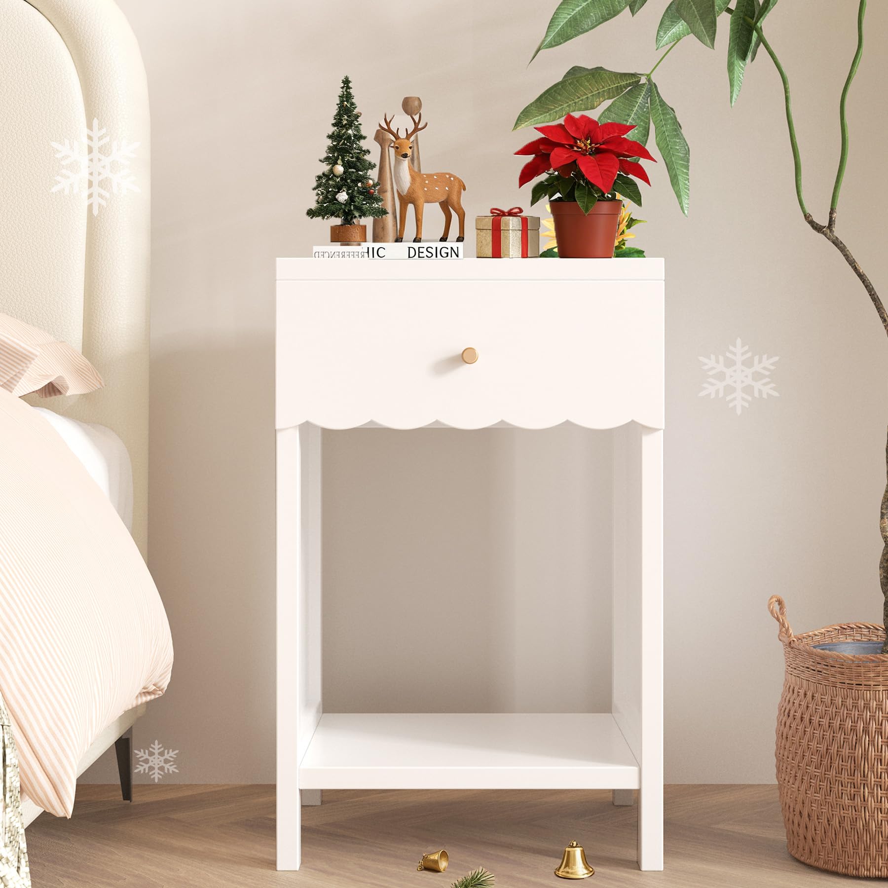 Scalloped Edge Nightstand with Drawer and Storage Shelf