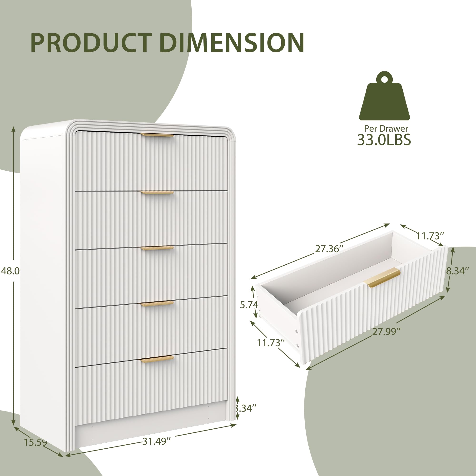 Fluted 5 Drawer Dresser 48 Inch Tall White