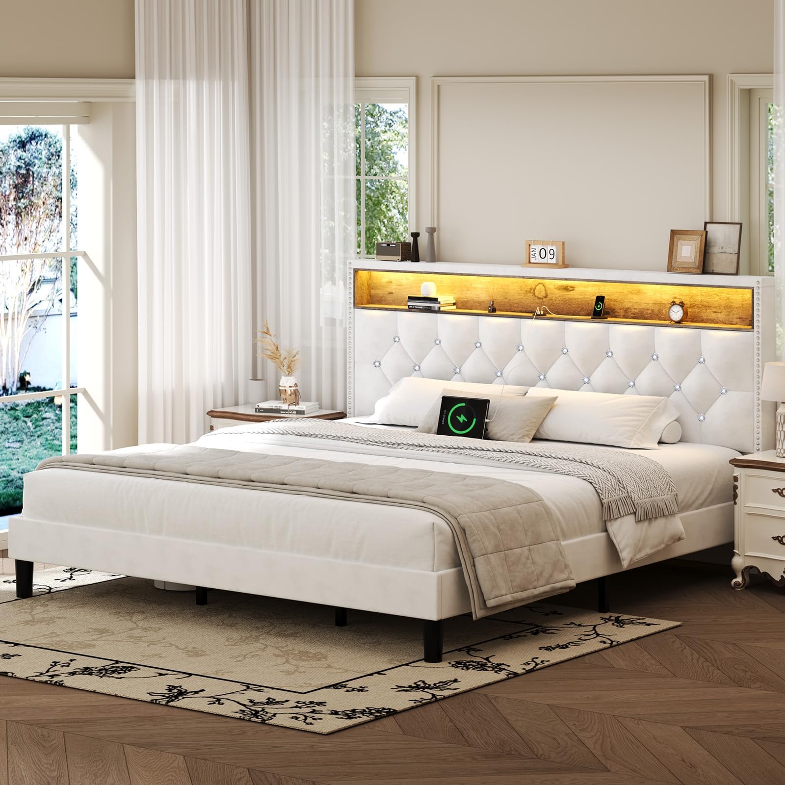 King Size Velvet Bed Frame with LED Lights