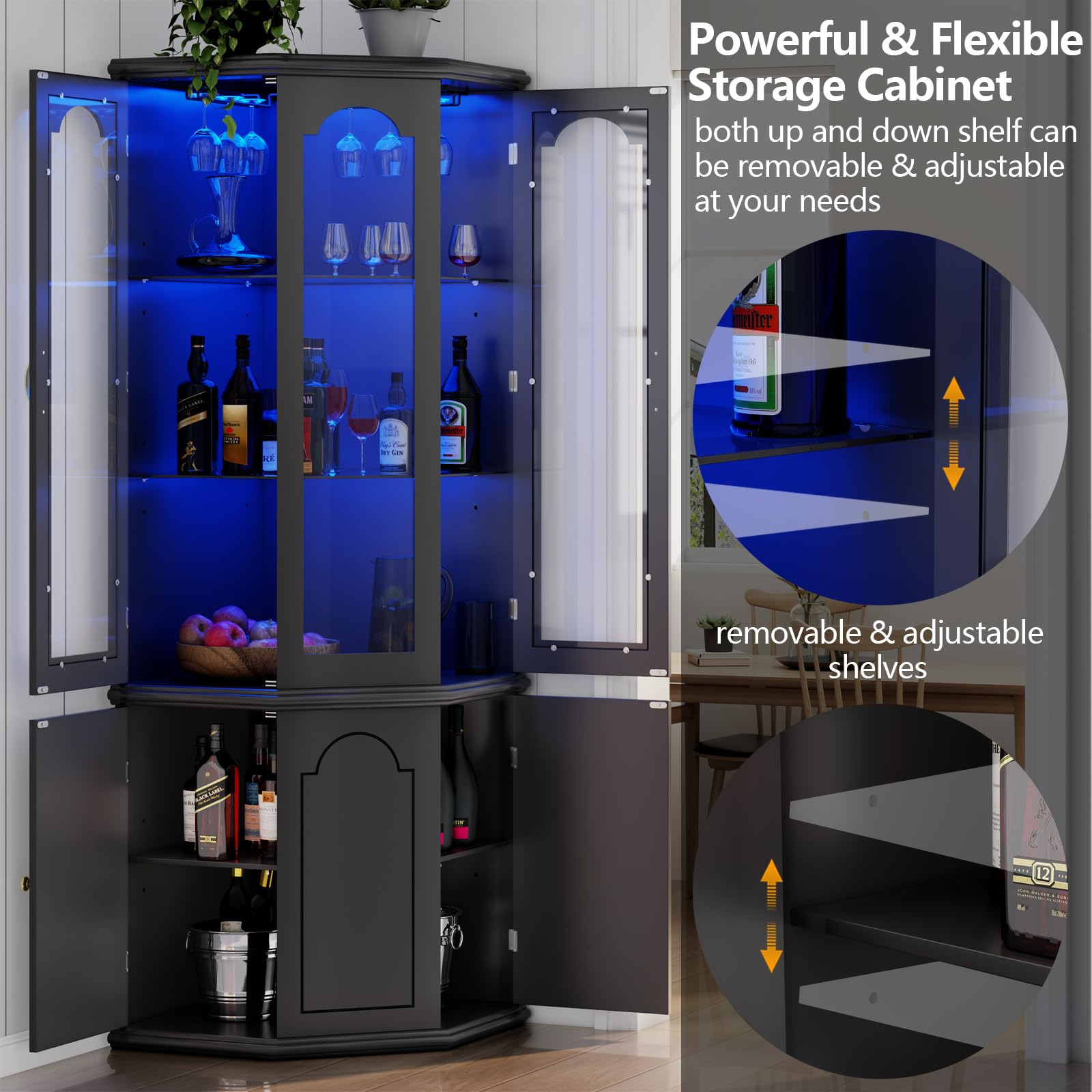 Corner Bar Cabinet with LED Lights and Tempered Glass Door