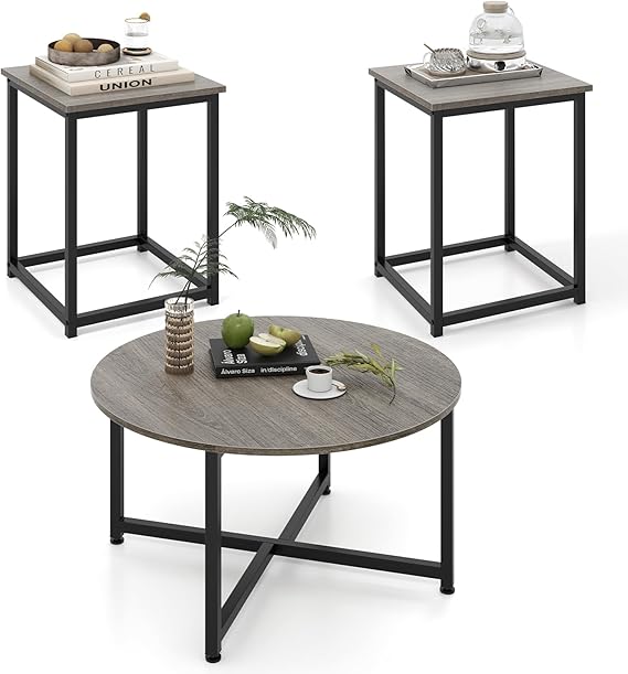 Round Nesting Table Set of 3 - Modern Faux Marble Coffee Table with 2 End Tables