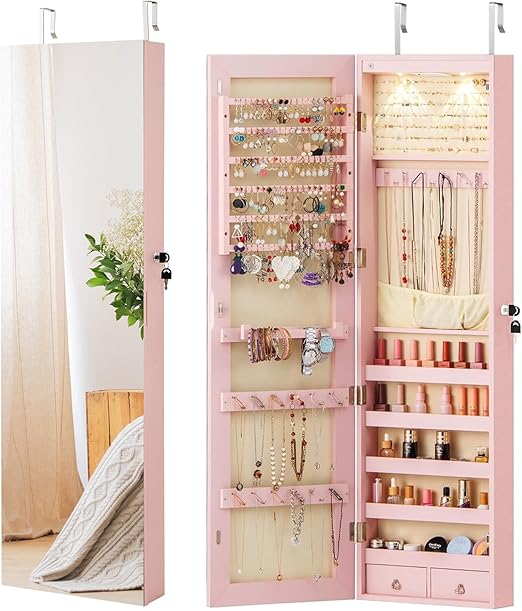 Mirrored Jewelry Armoire with Full-Length Mirror and LED Lights