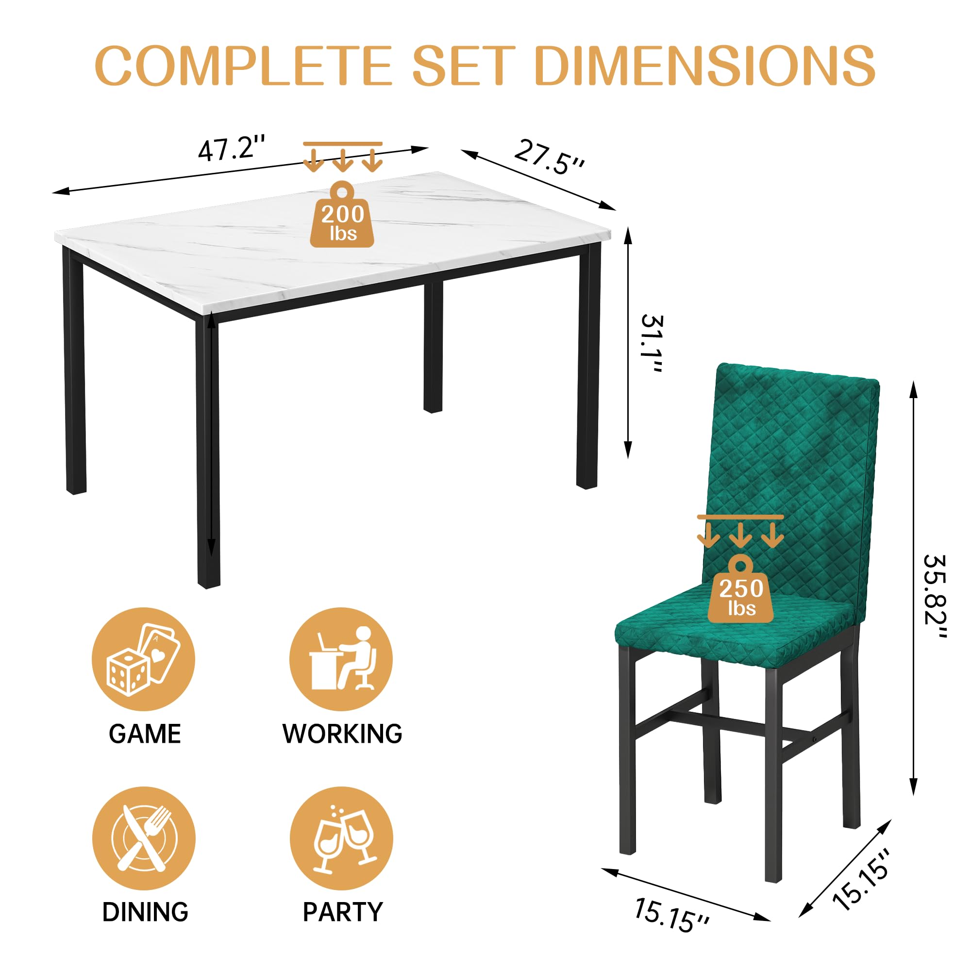 5-Piece Dining Table Set with Faux Marble Top and Velvet Chairs