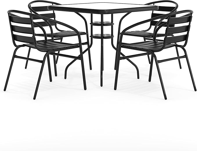 5-Piece Square Glass Patio Dining Set with Metal Chairs