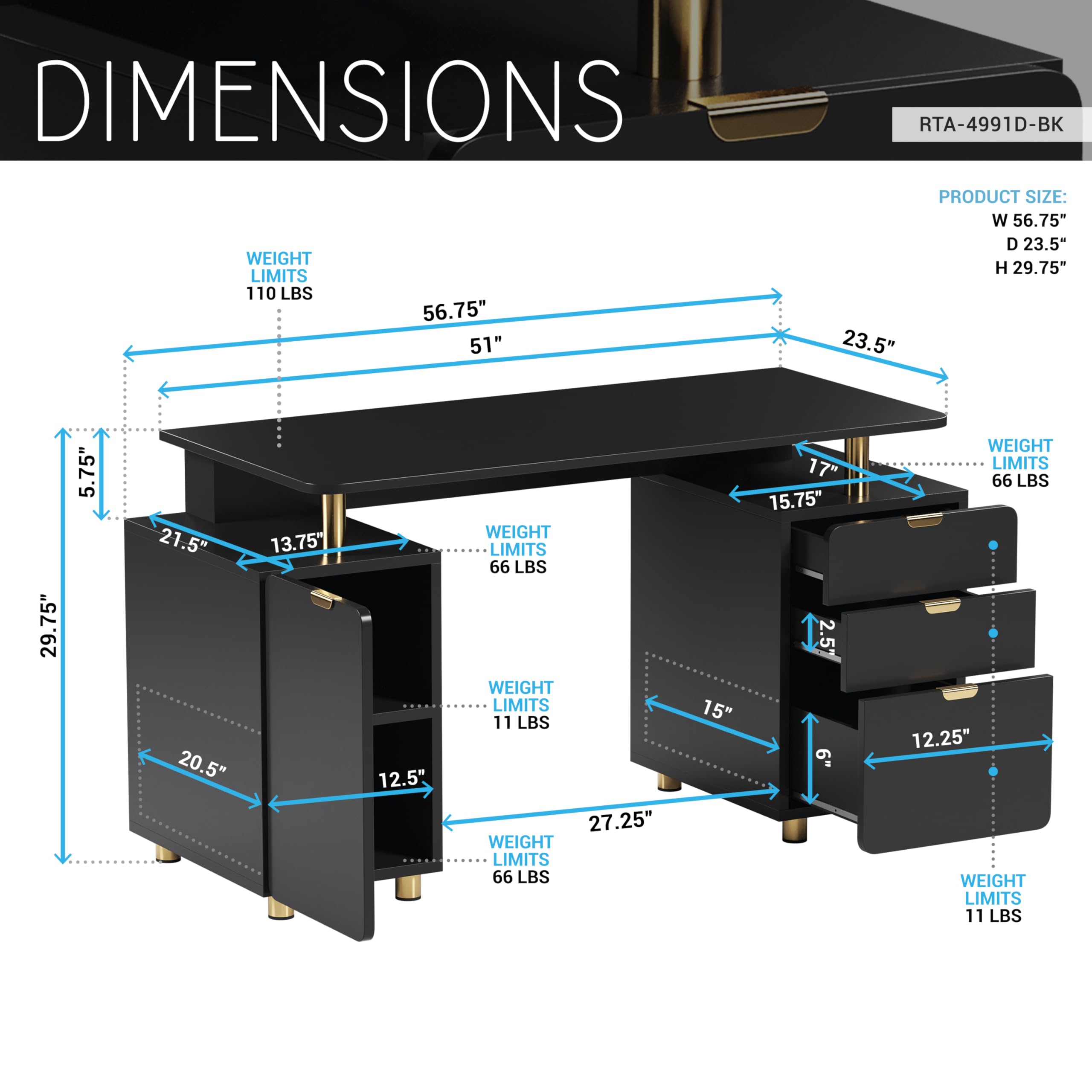 Executive Desk with 3 Drawers and Storage Cabinet