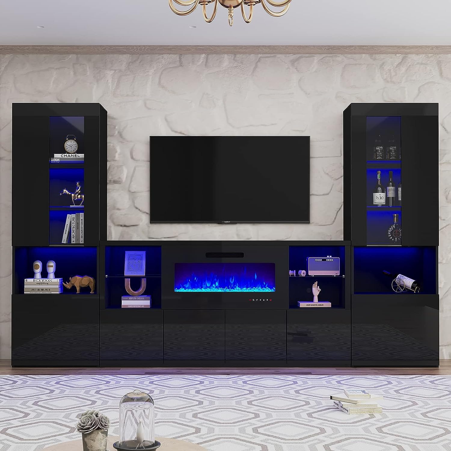 3 Piece Modern High Gloss Fireplace TV Stand & Bookcase Set
