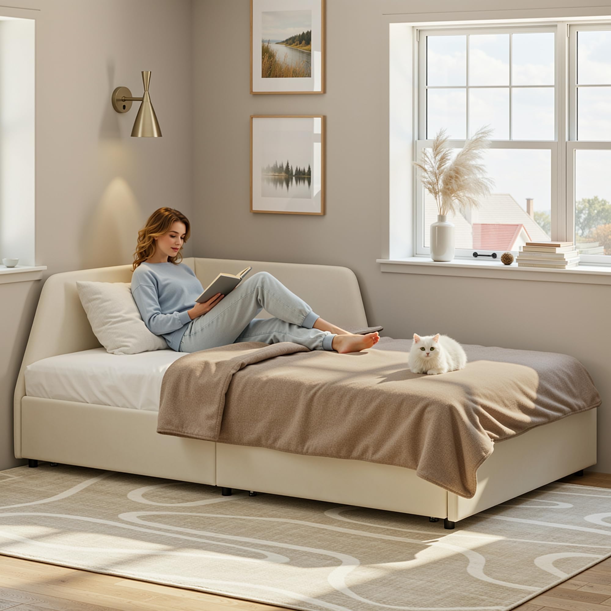 Twin Corner Sofa Bed Frame with Storage Drawers and Safety Rail