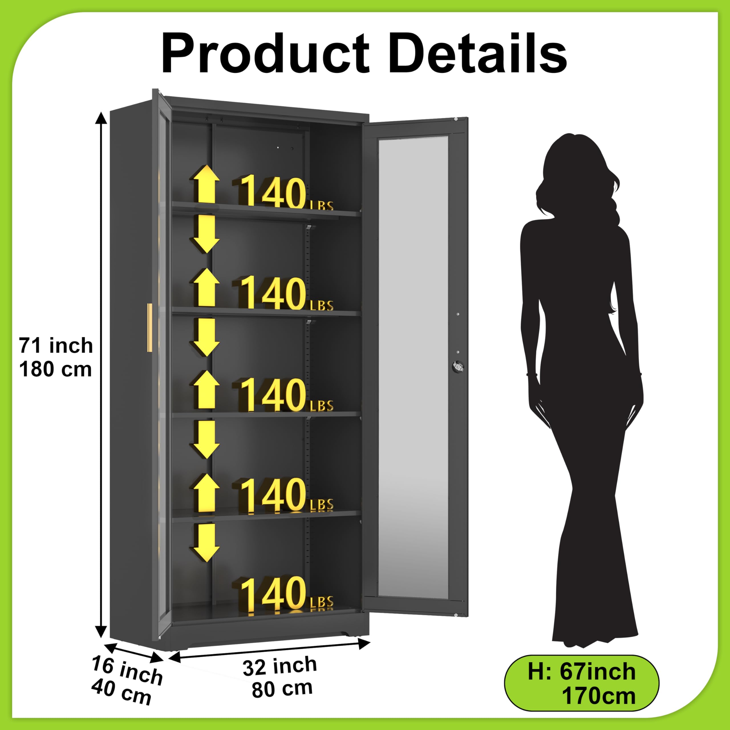 71-Inch Metal Glass Display Cabinet with Locking Doors