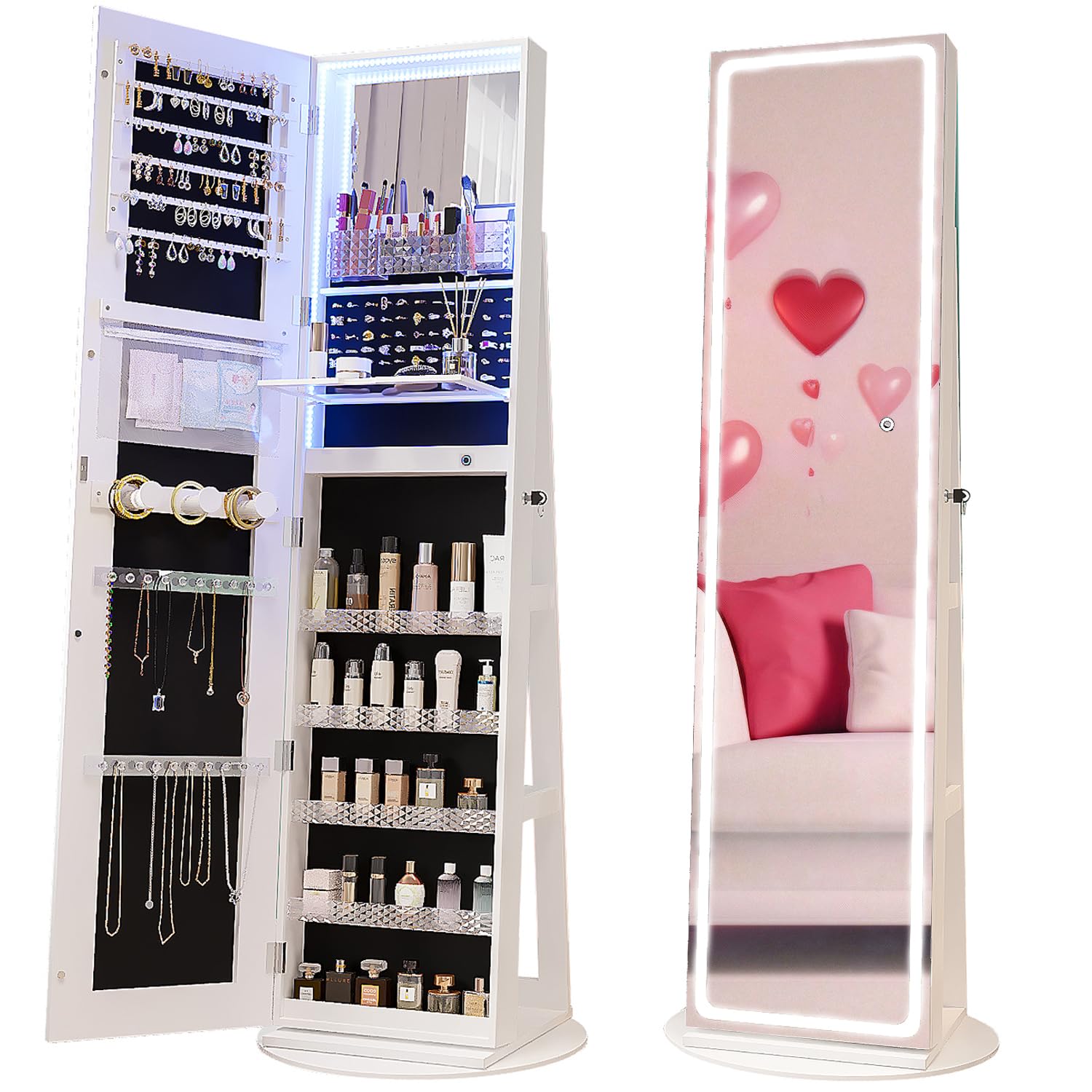 Swivel LED Mirror Jewelry Cabinet Armoire Full Length with Storage