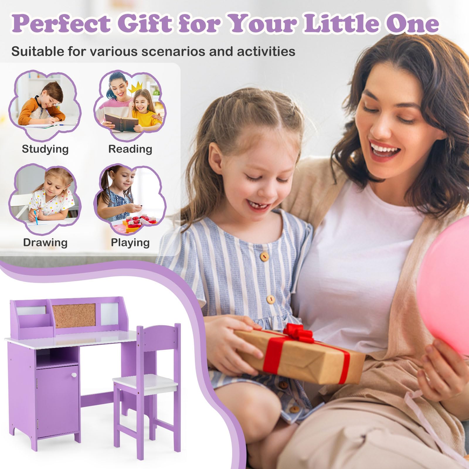 Kids Desk and Chair Set with Hutch, Cork Board and Whiteboard