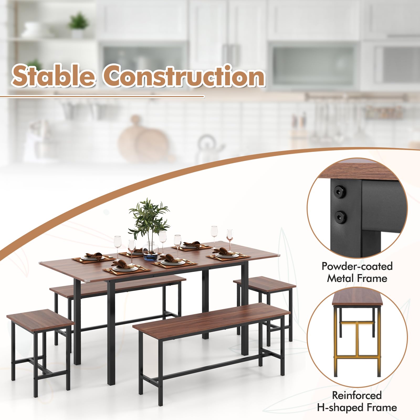 5-Piece Extendable Dining Table Set with Benches and Stools