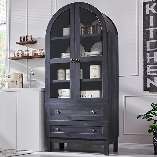Tall Arched Kitchen Pantry Cabinet with Glass Doors