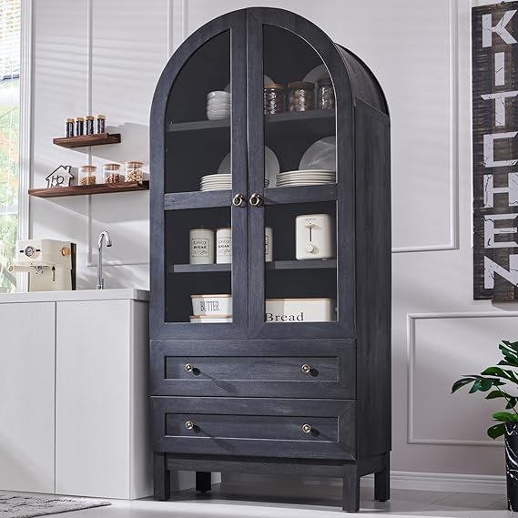 71" Tall Arched Kitchen Pantry Cabinet with Glass Doors and Drawers