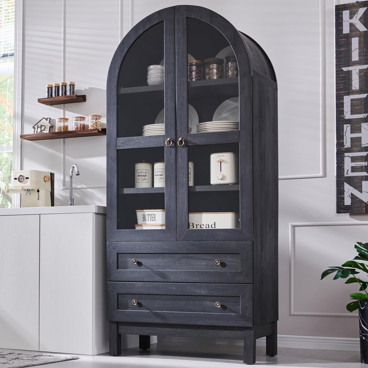 71" Tall Arched Kitchen Pantry Cabinet with Glass Doors