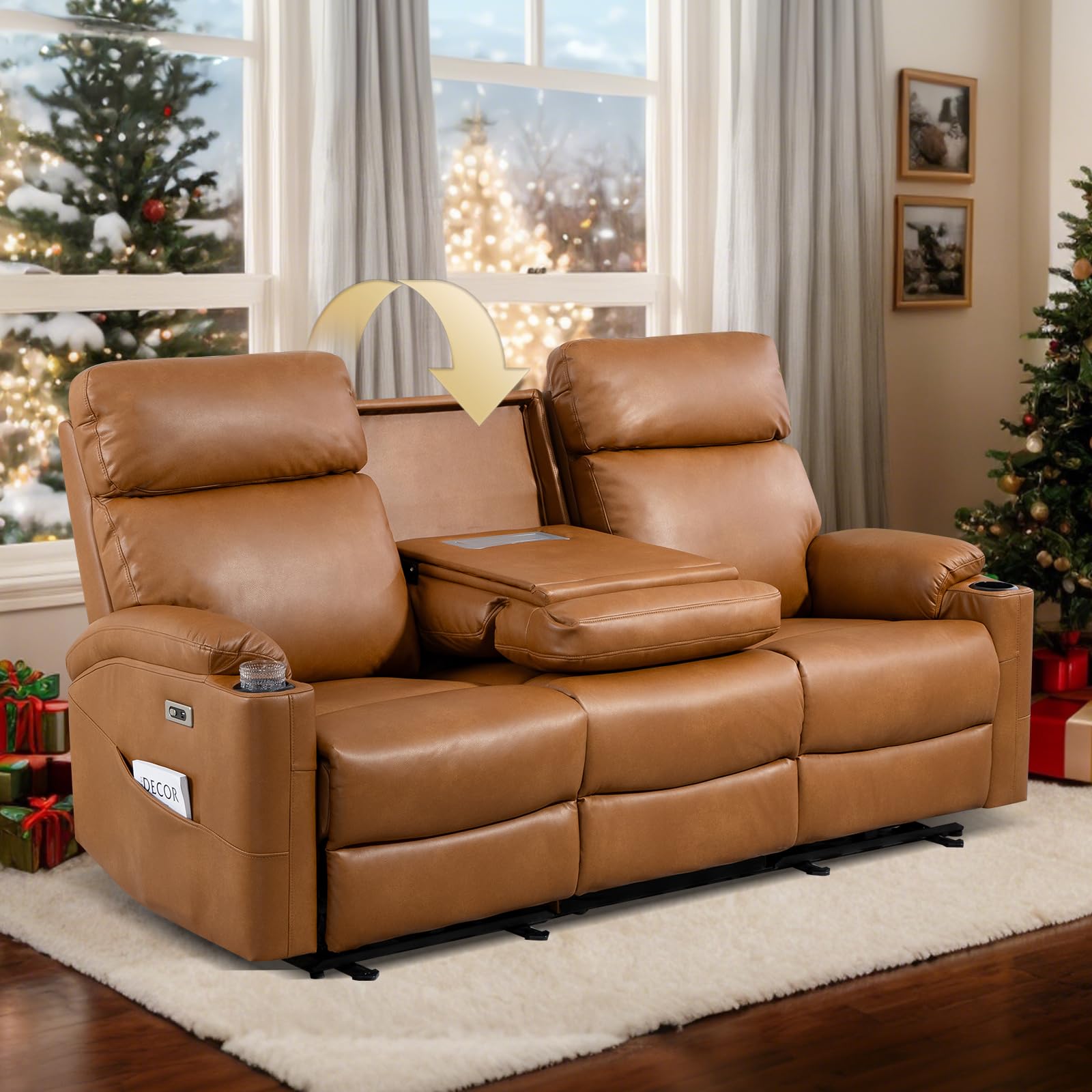 B BAIJIAWEI Power Reclining Sofa - 3 Seater Recliner Sofás, PU Leather Sofa, Home Theater Seating with Flipped Middle Backrest, Power Recliner Couch for Living Room(Brown)