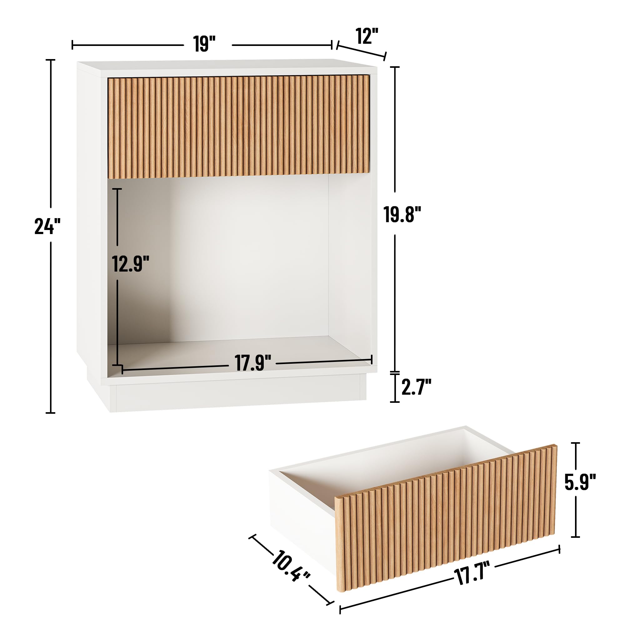 Fluted Nightstands Set of 2 with Drawer and Storage Shelf