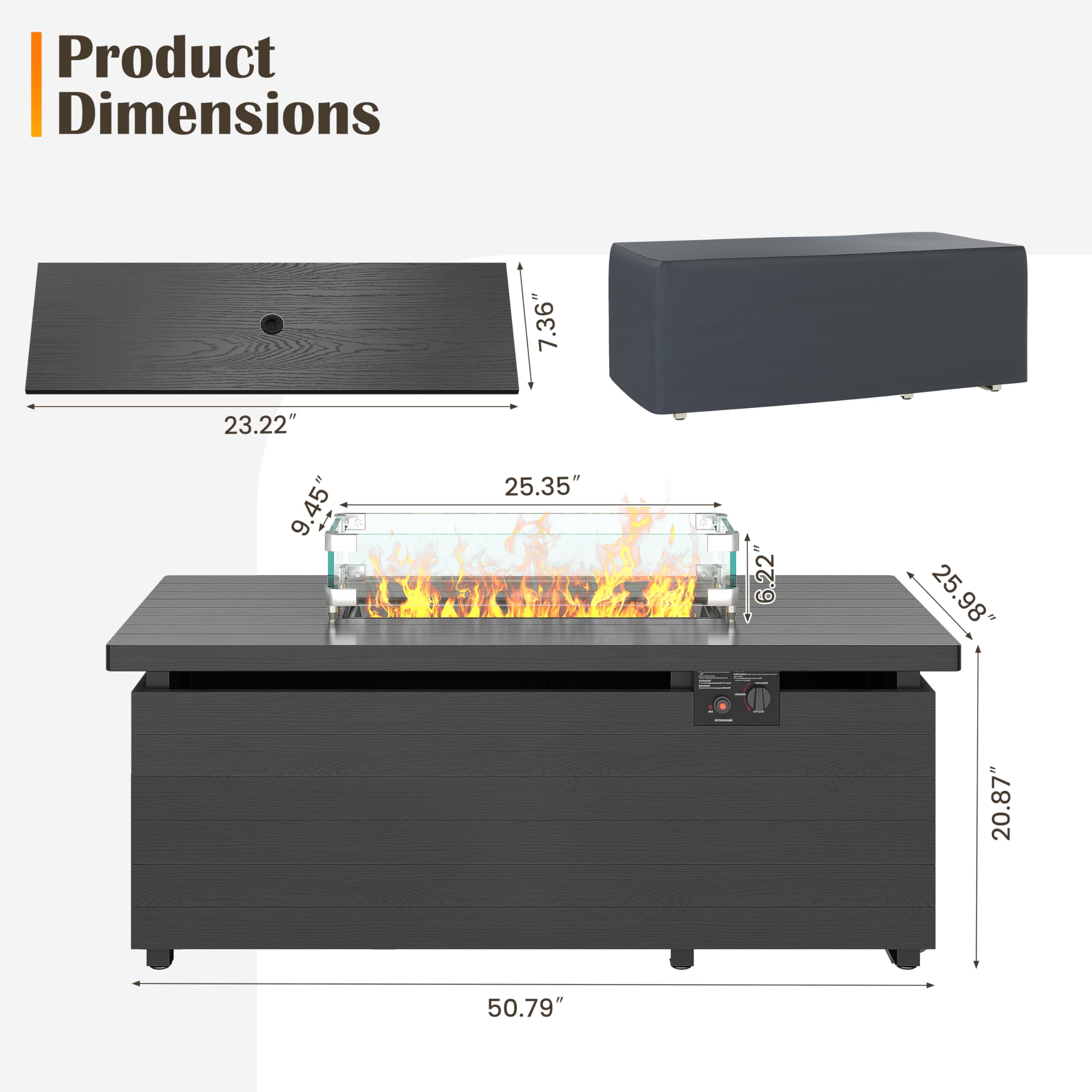51 Inch Rectangle Propane Fire Pit Table with Glass Wind Guard