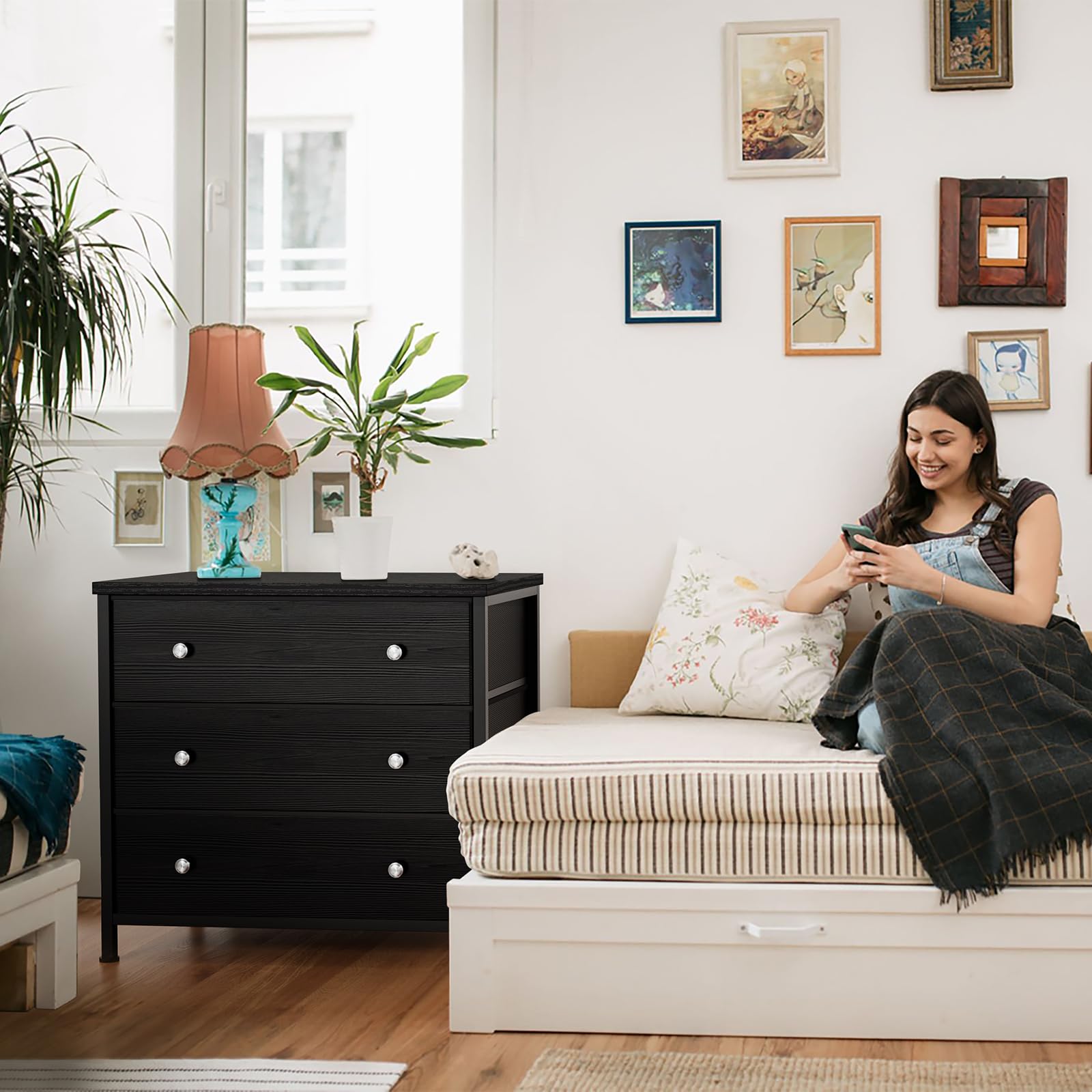 Black Nightstand with Fabric Drawers - 3 Drawer Dresser