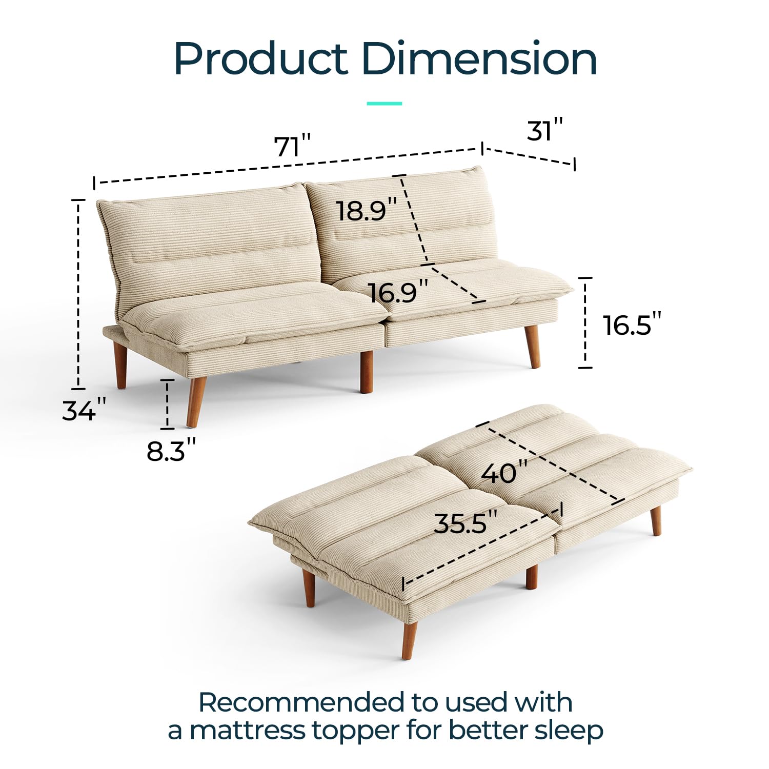 Convertible Corduroy Futon Sofa Bed with Adjustable Backrest
