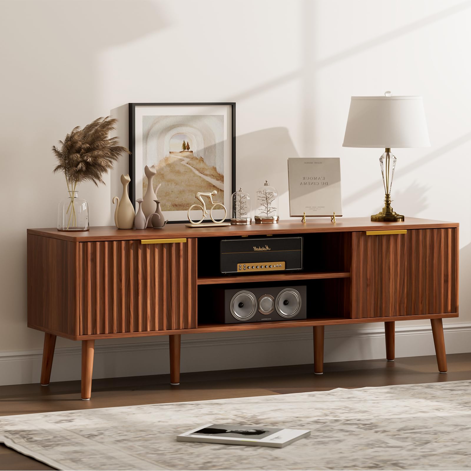 Mid-Century TV Stand with Fluted Doors