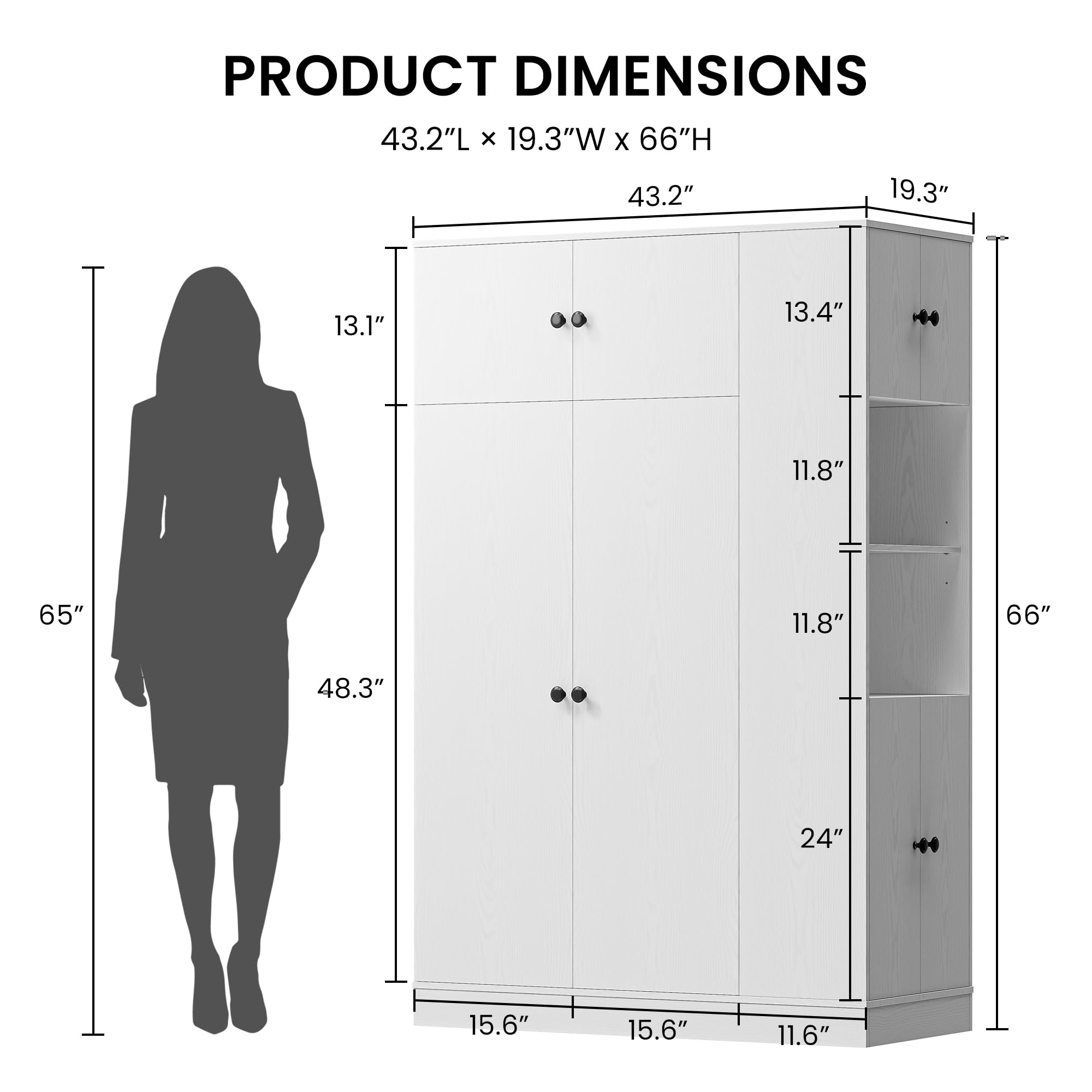 Modern White Armoire Wardrobe Closet with Adjustable Shelves and Side Storage Tower