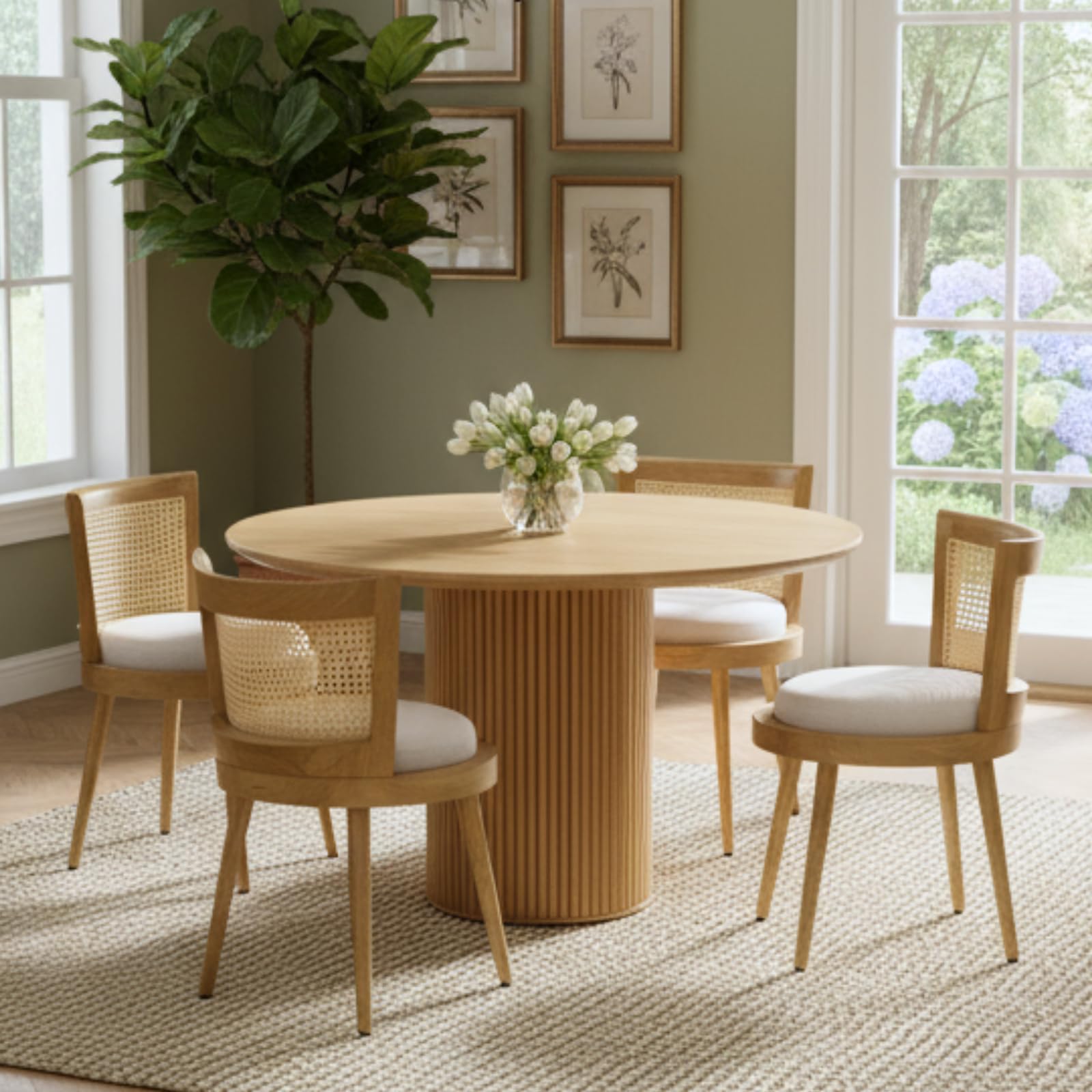 Wooden Dining Chairs Set of 4 with Linen Upholstery and Rattan Back