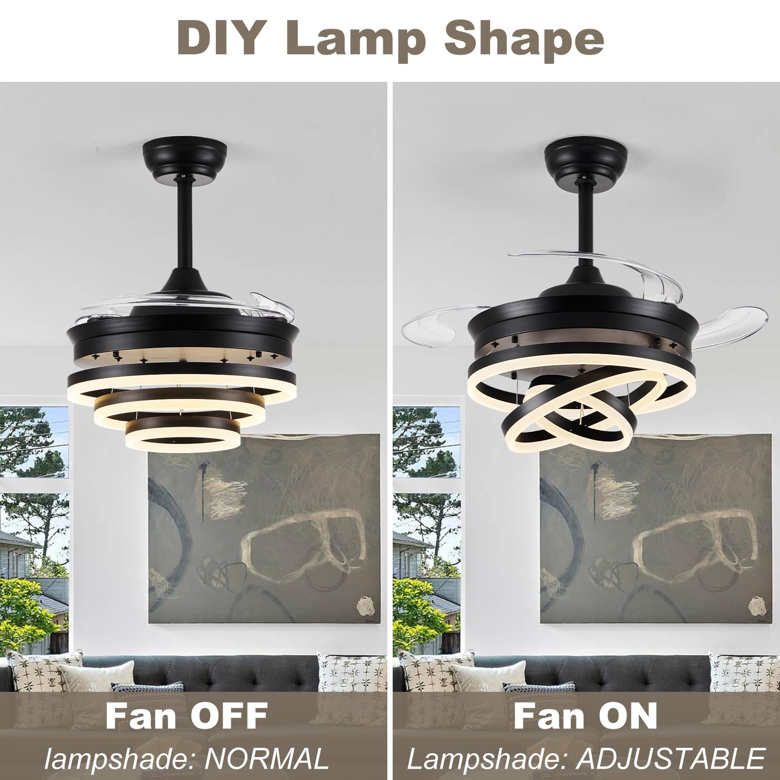42" Retractable Ceiling Fan with LED Light and Remote Control
