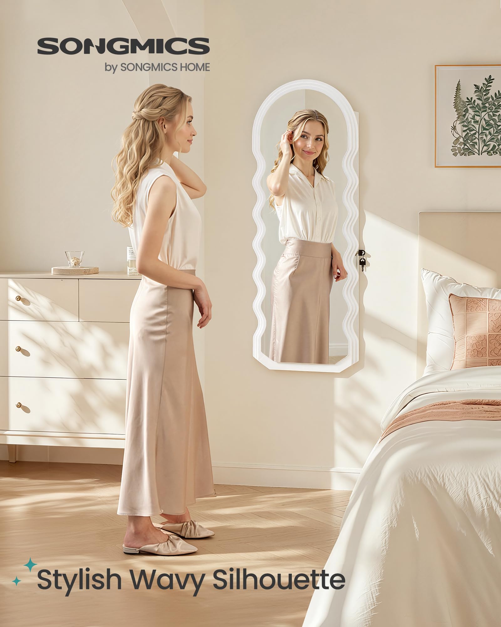 Wall-Mounted Mirror Jewelry Cabinet with LED Lights