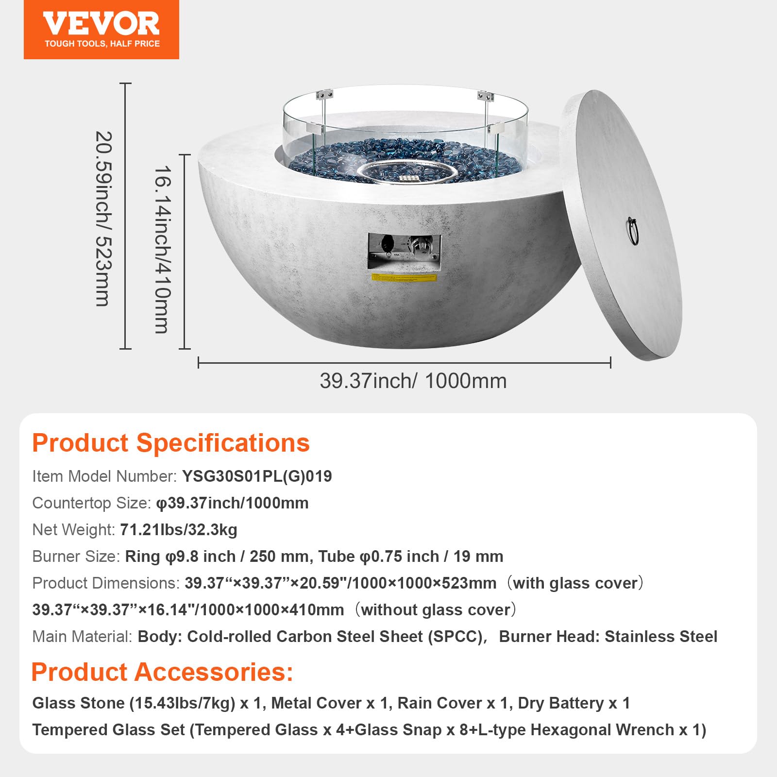 39-Inch Propane Fire Pit with Lava Rocks and Rain Cover