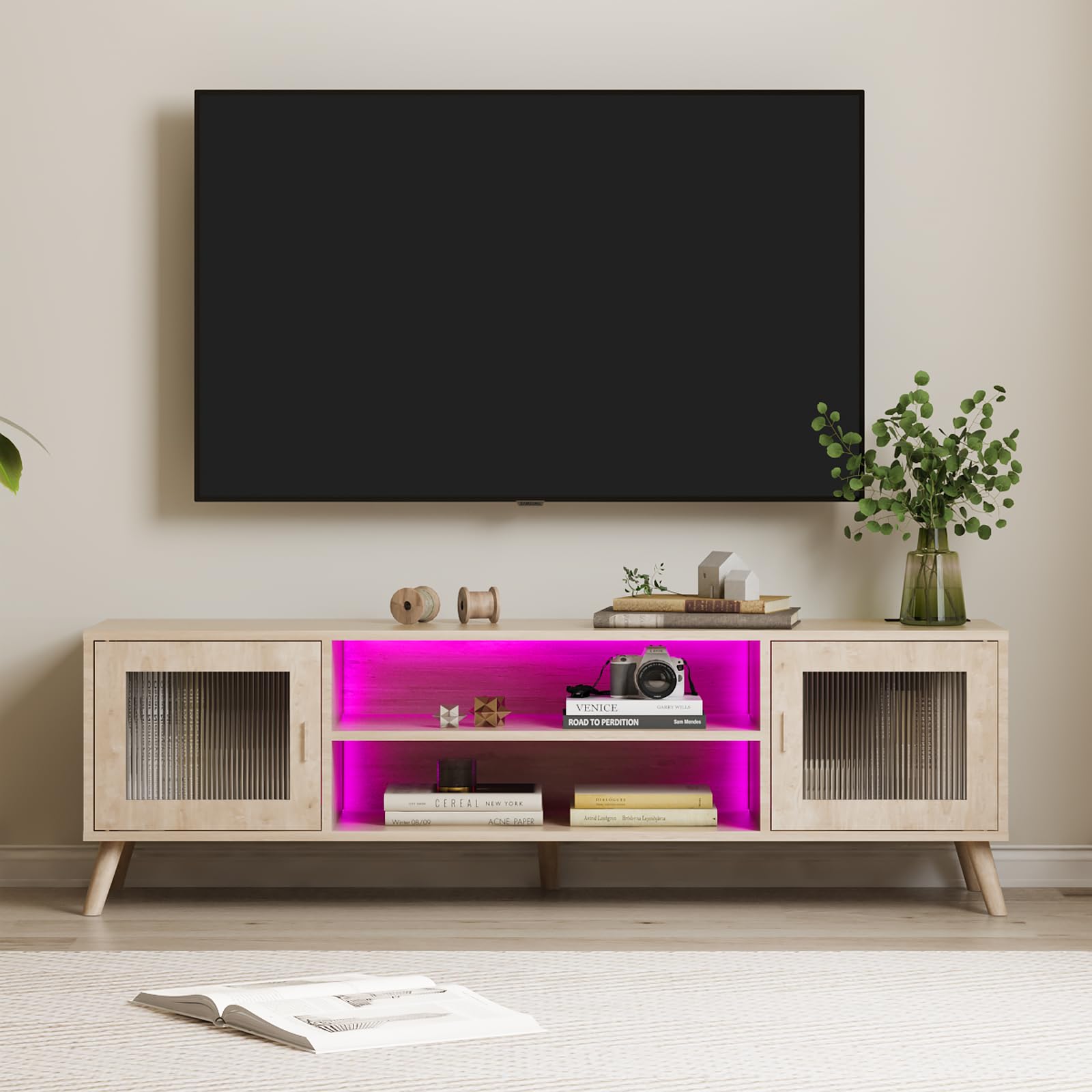 LED TV Stand with Charging Station and Glass Doors