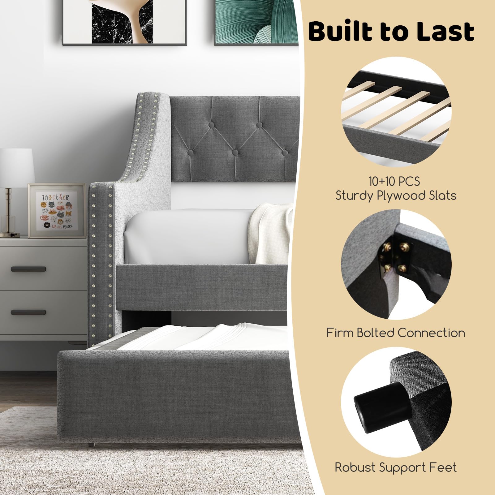 Upholstered Twin Daybed with Trundle and Button Tufted Backrest