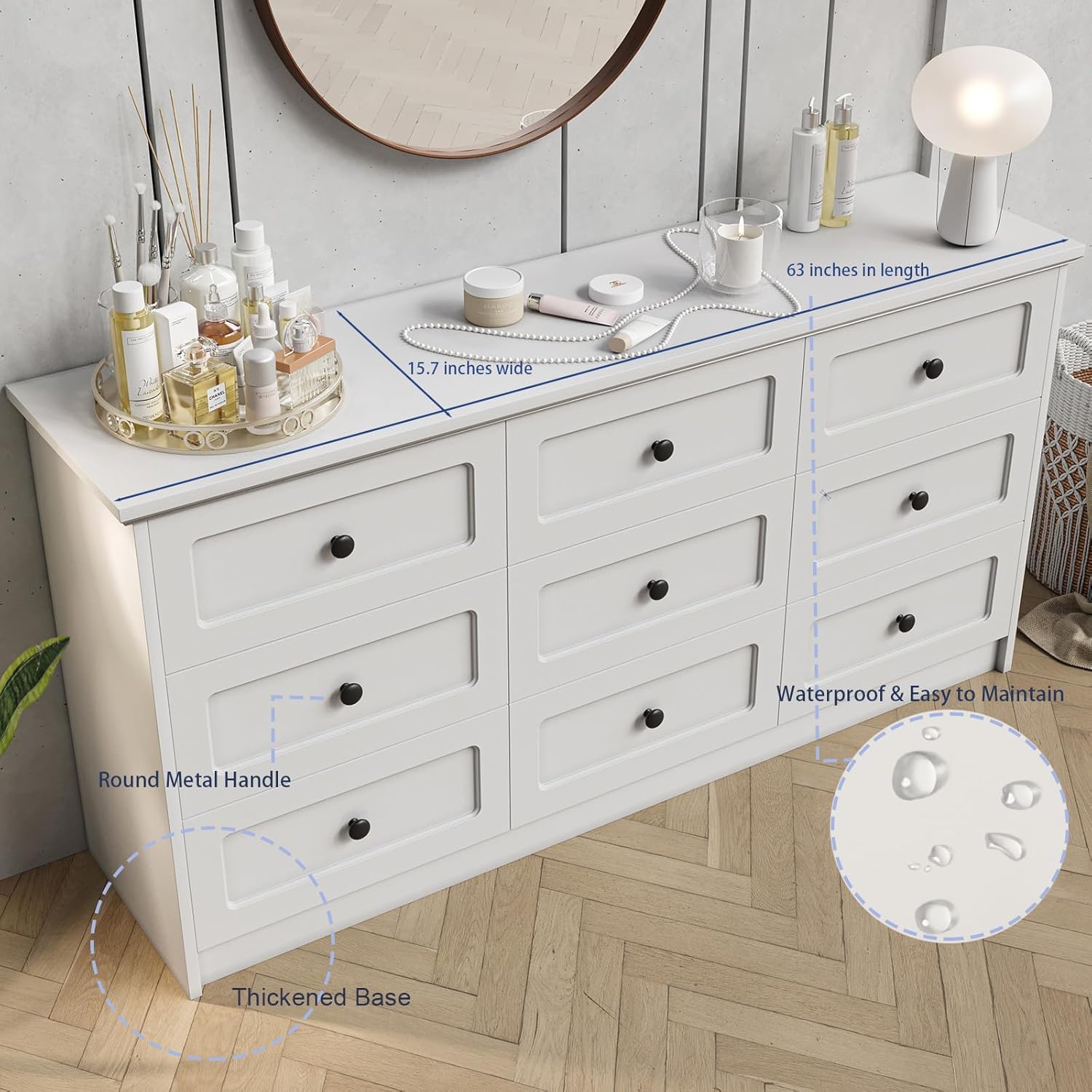 63 Inch 9 Drawer Tall Dresser White