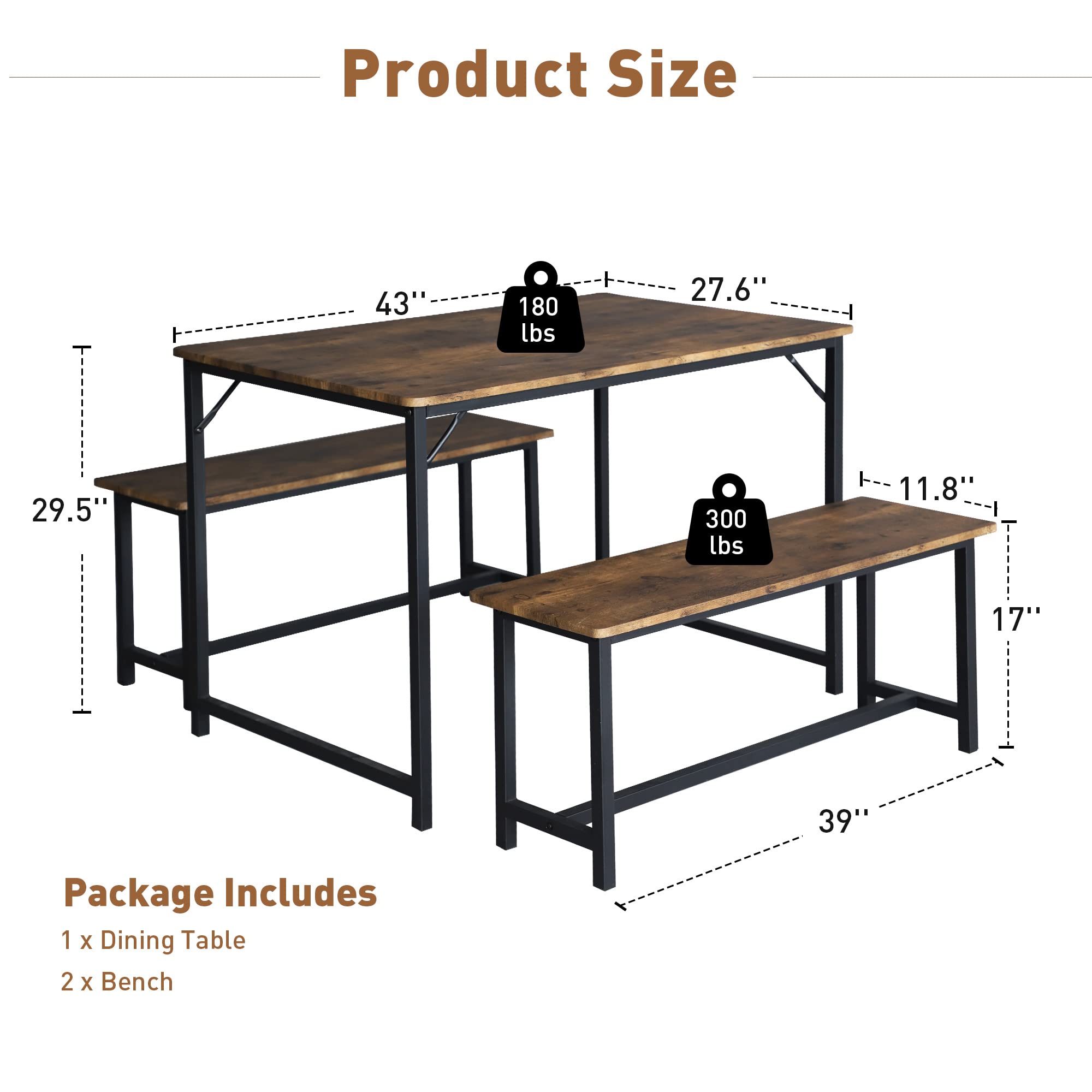 Kitchen Table Set with 2 Benches
