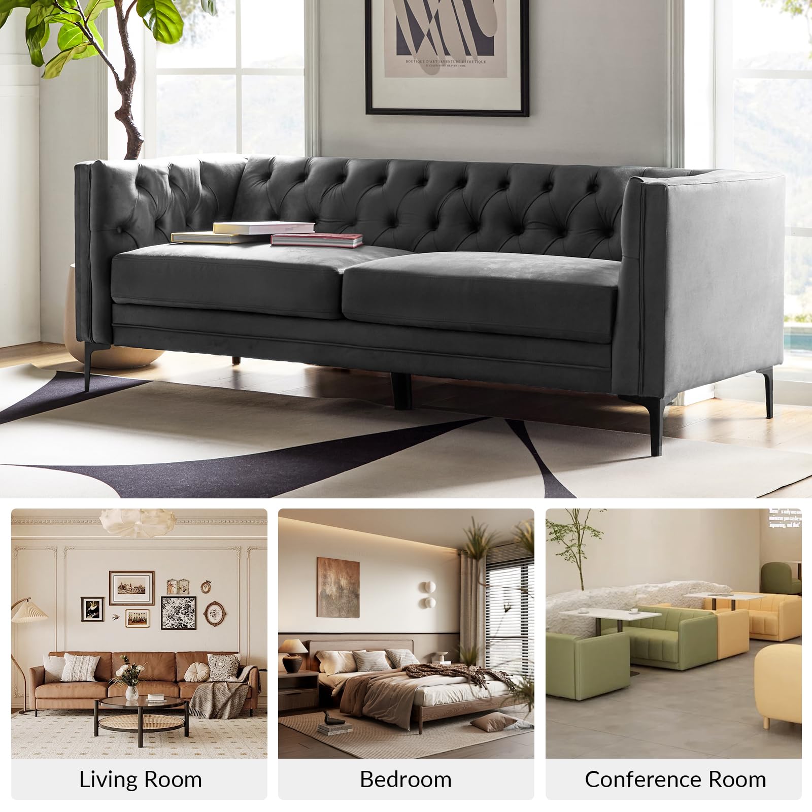 84" Faux Leather Sofa with Button-Tufted Cushions