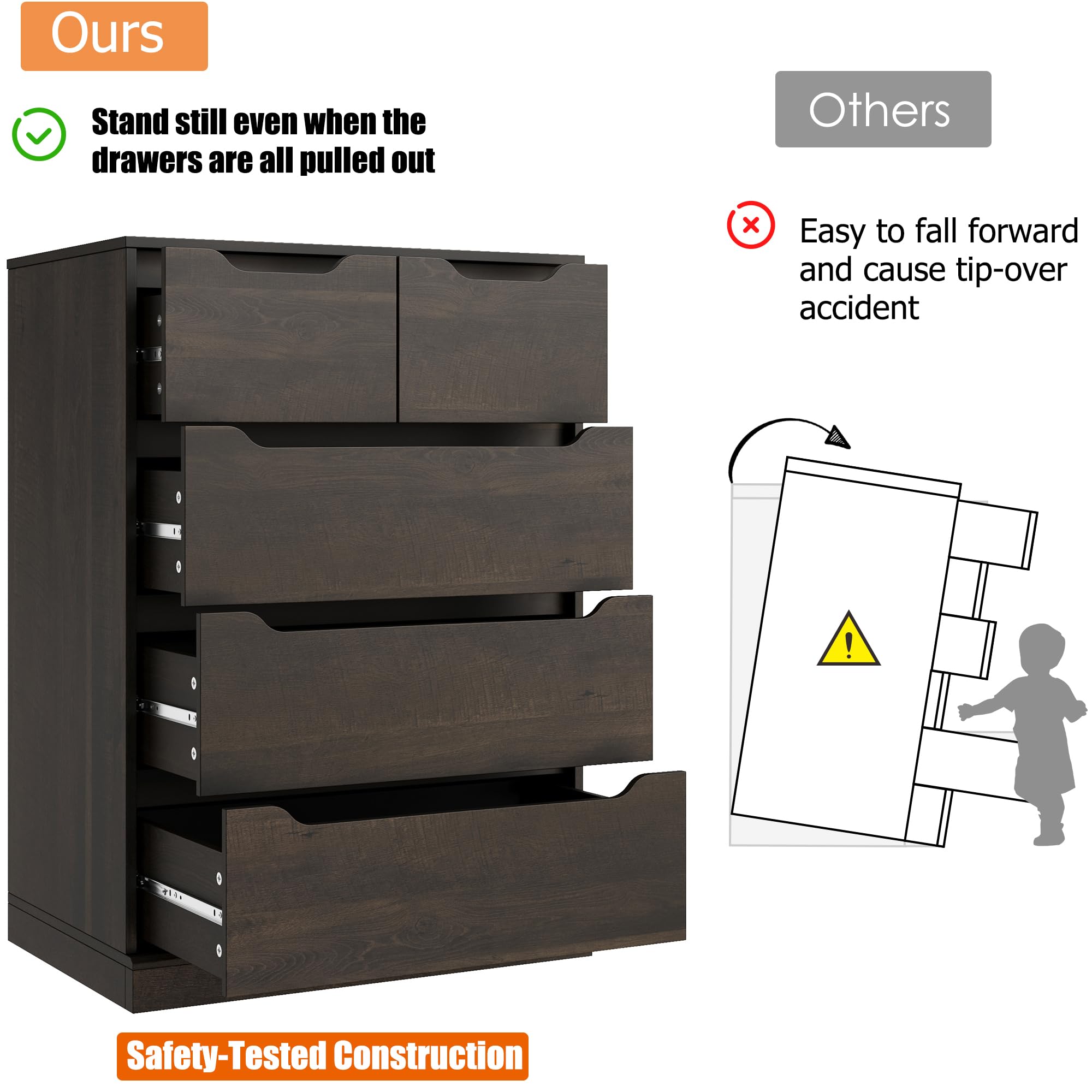 5 Drawer Dresser Dark Brown