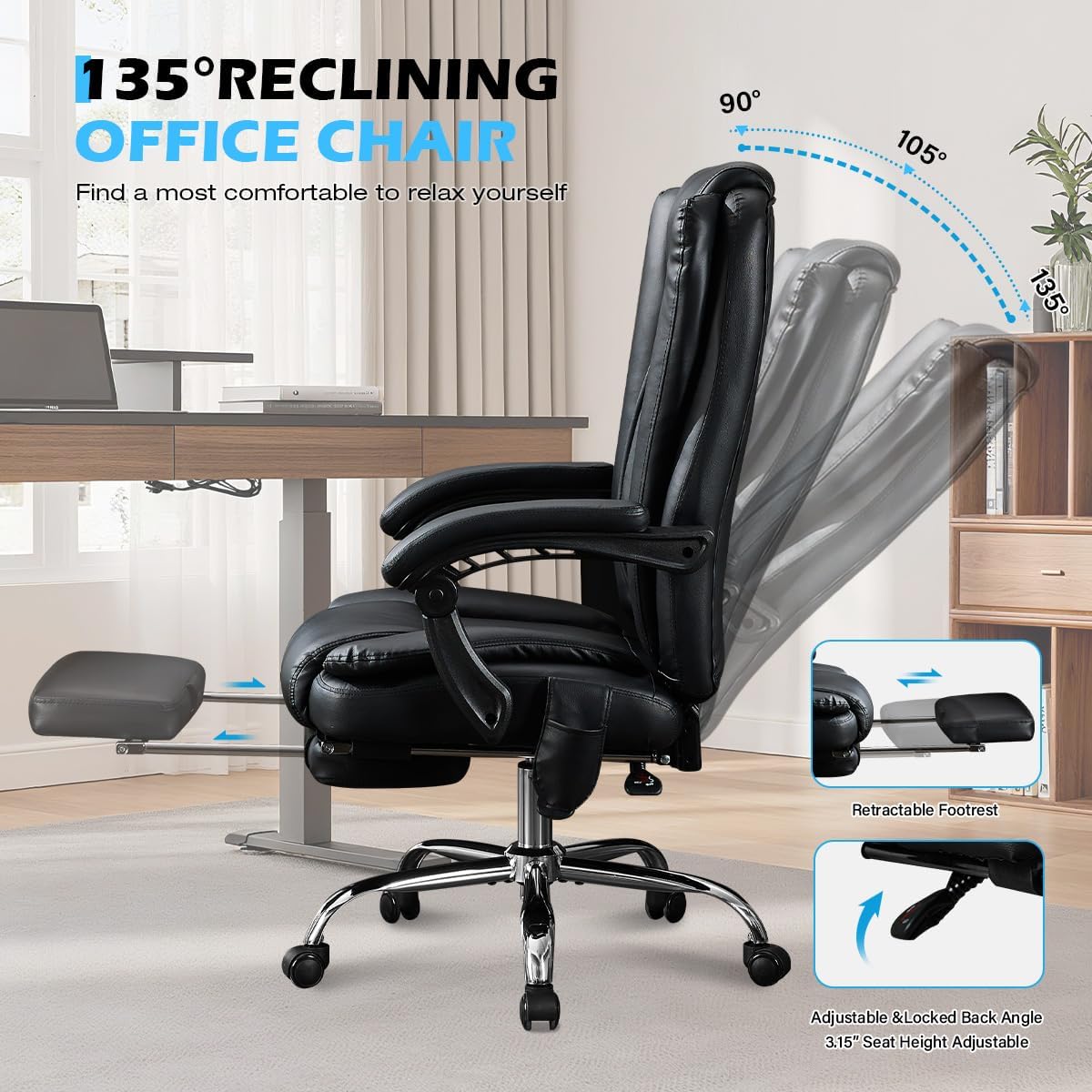 Massage Office Chair with Foot Rest,6 Points Vibration and Heat Ergonomic Executive Desk Chair for Heavy People,500lbs Big and Tall Office Chairs with Reclining High Back for Home Office