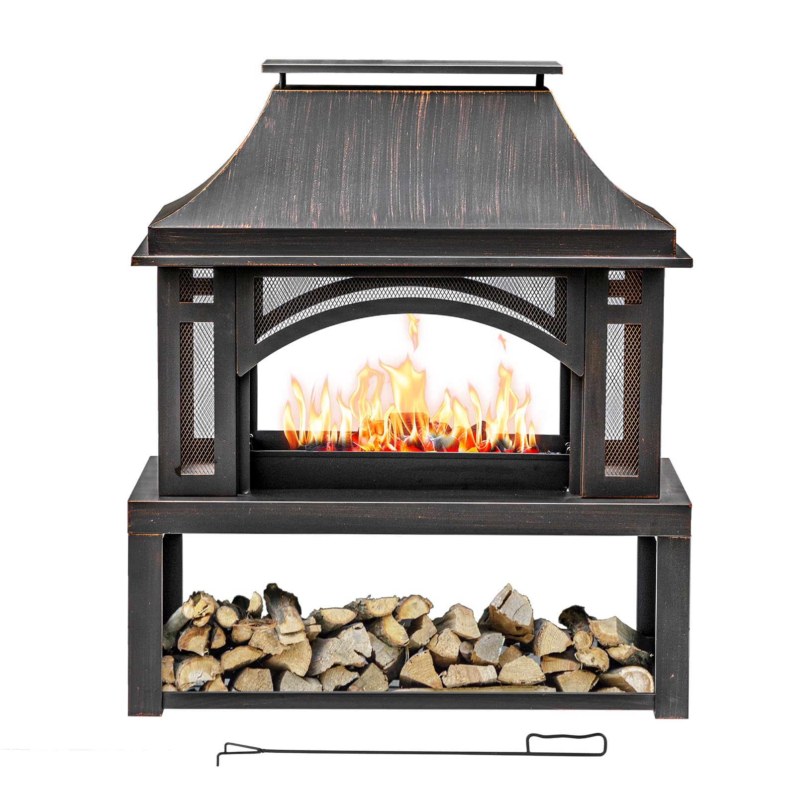 Fire Pit with Wood Storage and Chimney