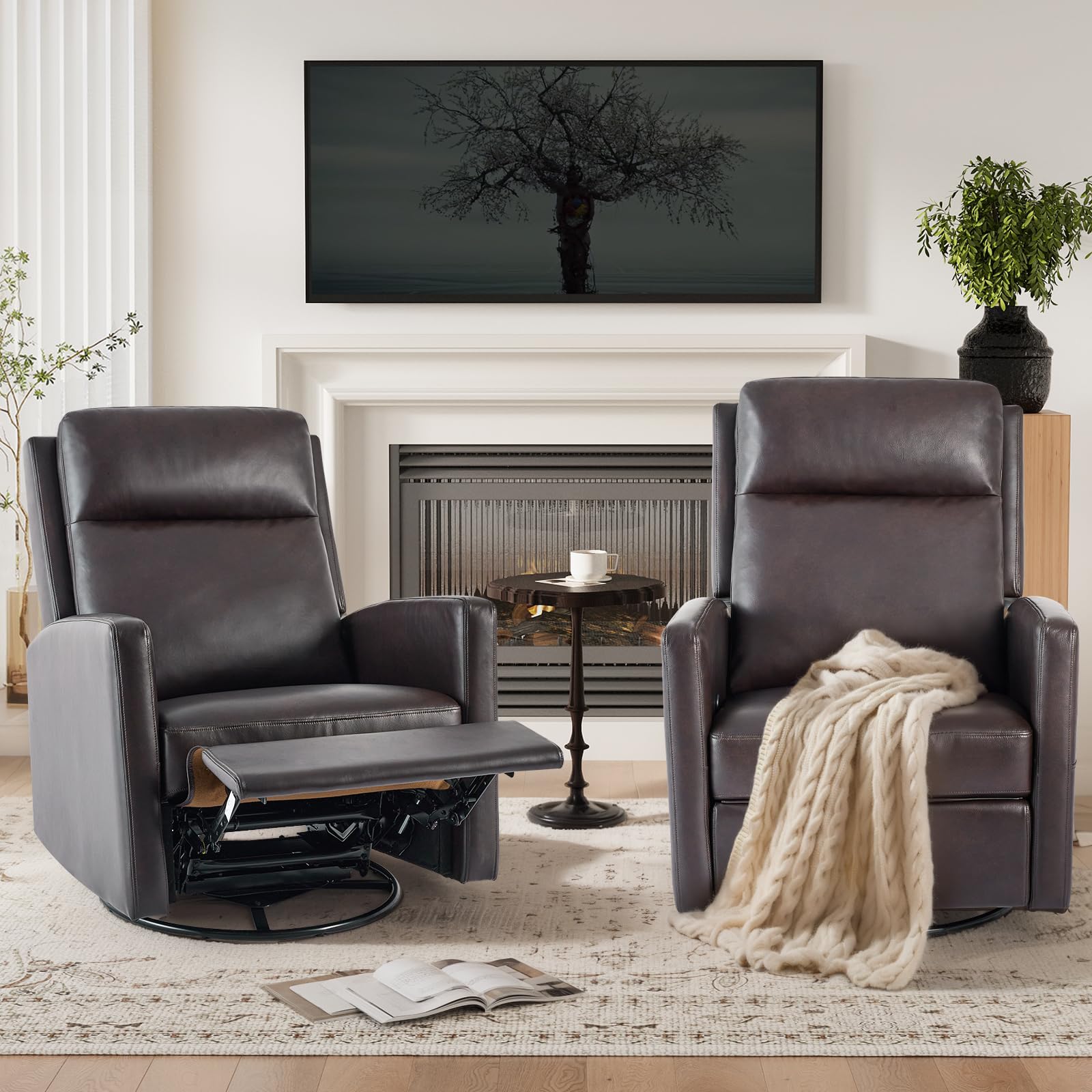 Leather Recliner Chair - Swivel Rocker with Ergonomic High Backrest