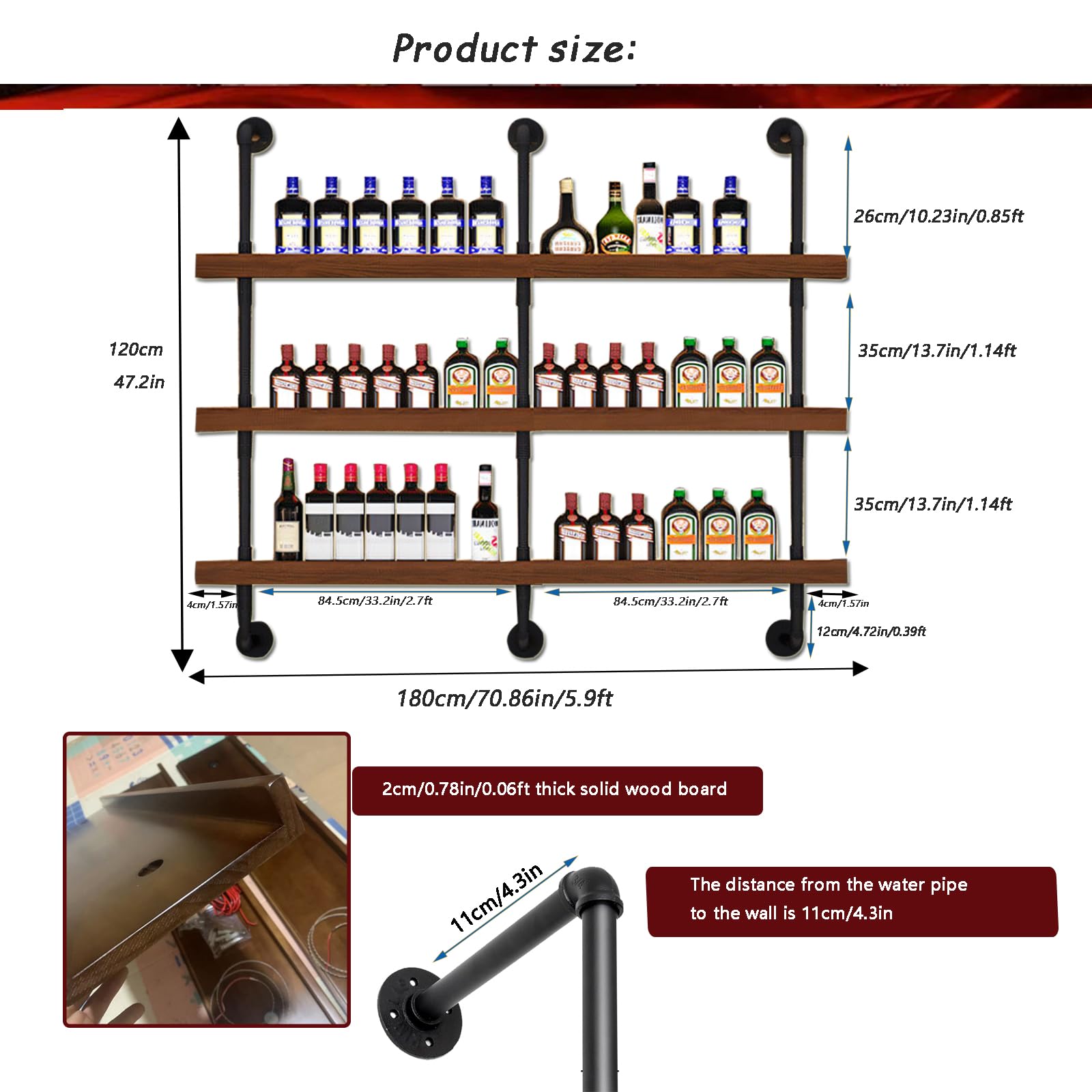 70.8in Wall Mounted Wine Rack with LED Light - 3 Tier Floating Shelf