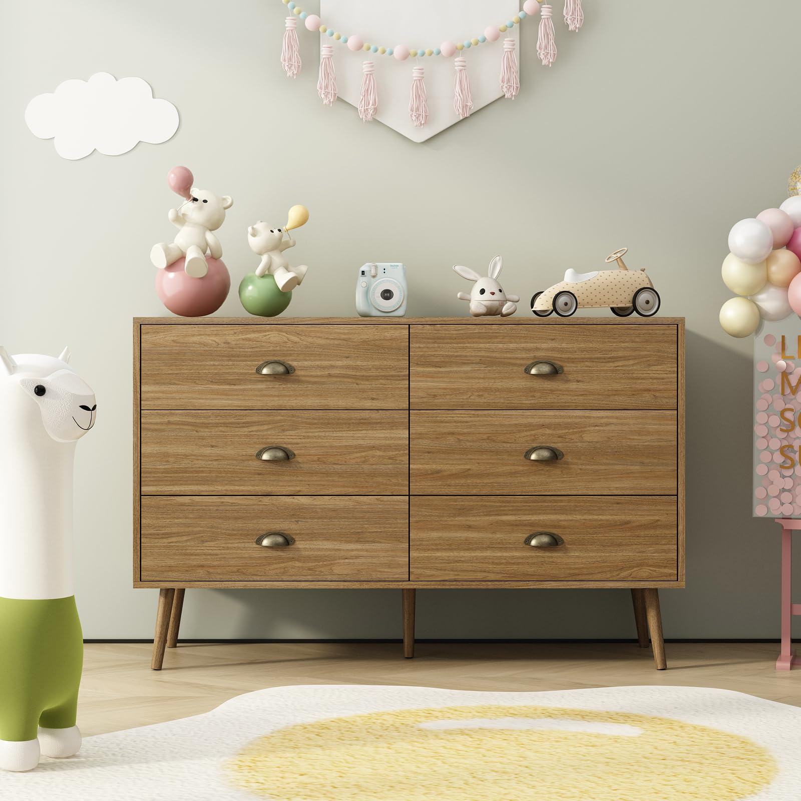 6-Drawer Mid Century Modern Dresser Oak