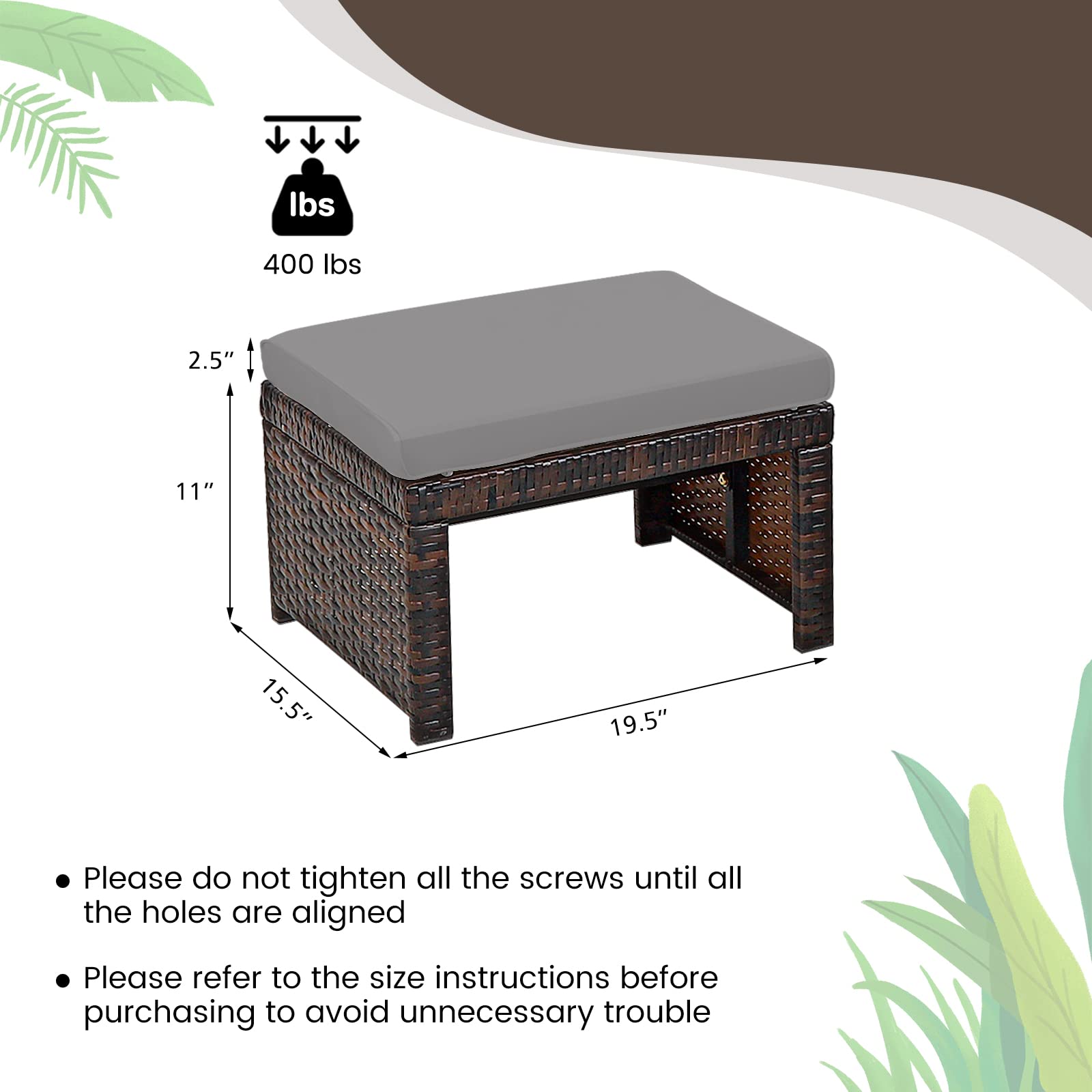2-Piece Wicker Outdoor Ottoman Set with Removable Cushions