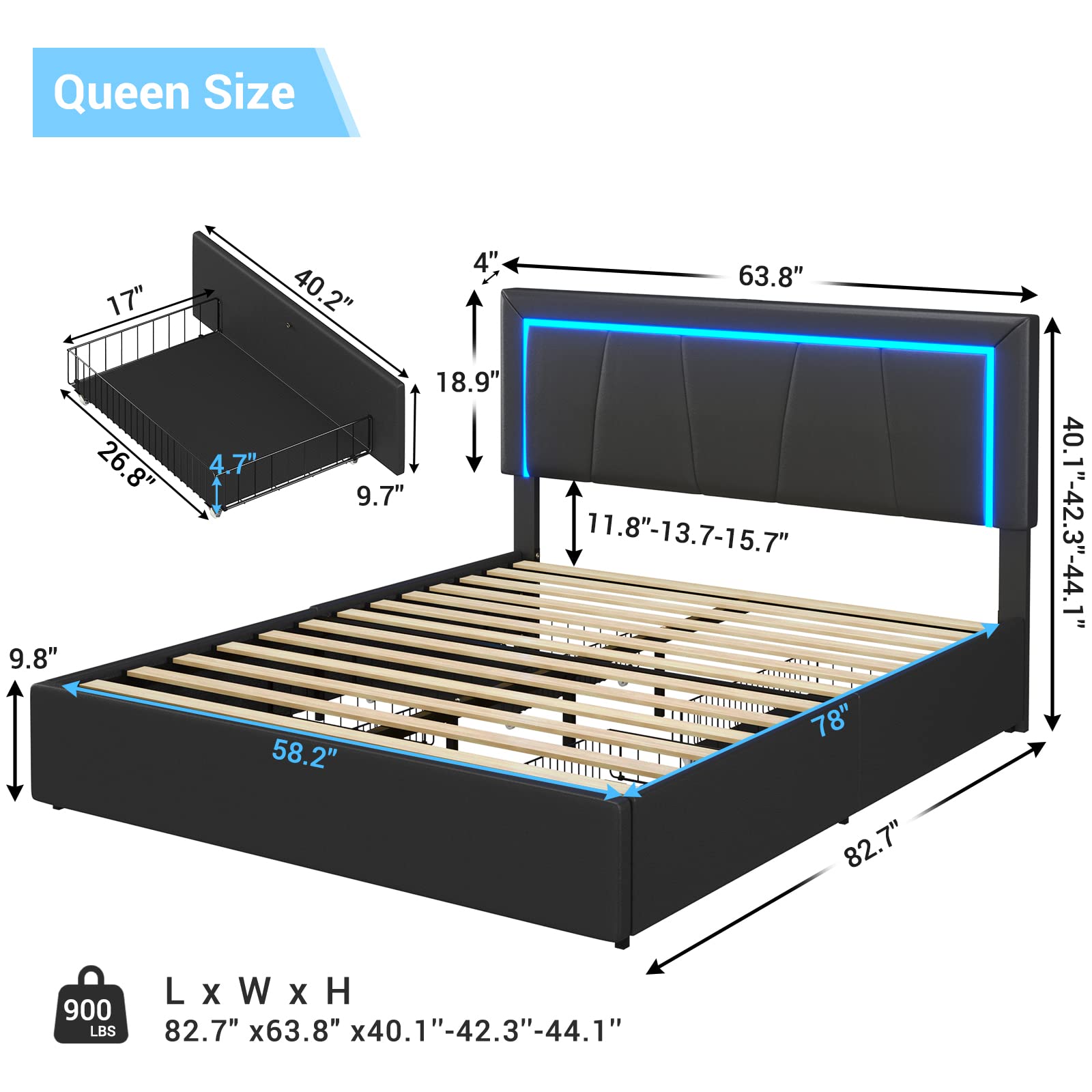 Queen Platform Bed Frame with LED Headboard, 4 Storage Drawers & USB Ports – Black Faux Leather, No Box Spring