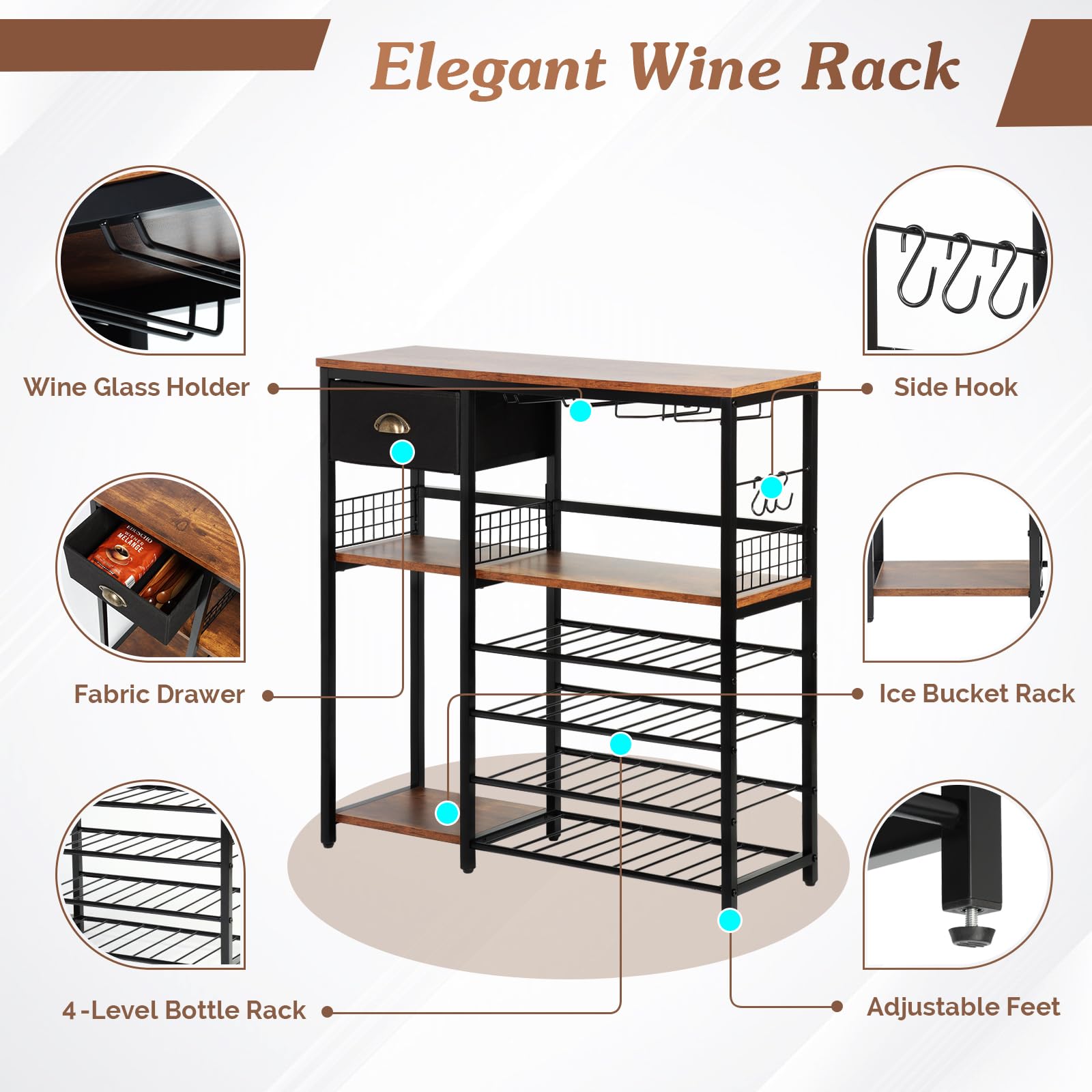 5-Tier Wood Wine Rack with Glass Holder