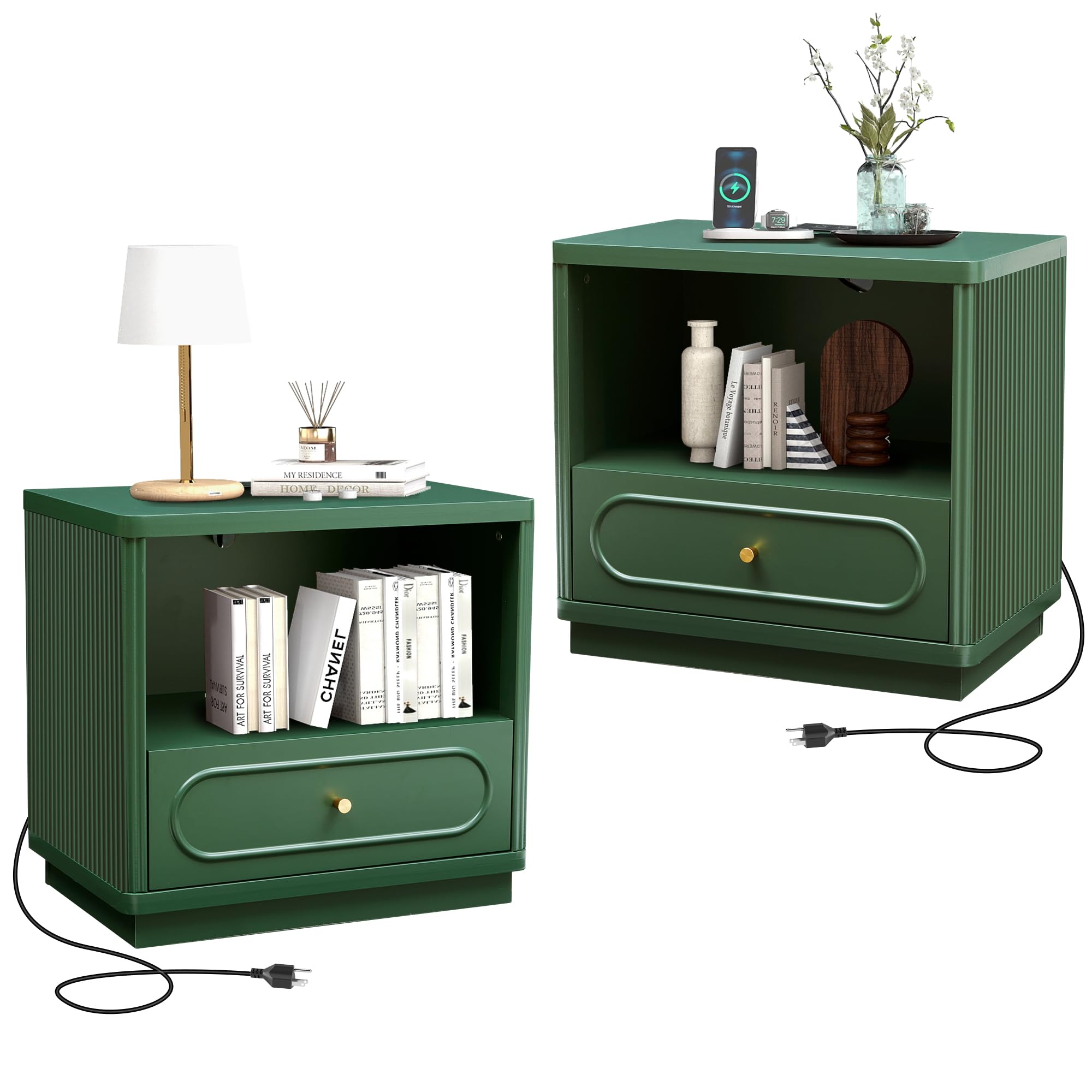 Fluted Nightstand with Charging Station and Drawer Storage